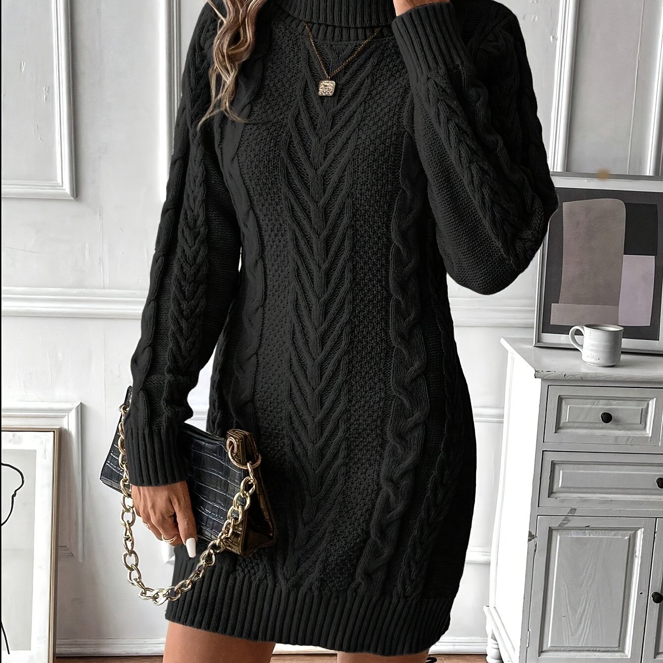 E-shop Damen Pulloverkleid mit hohem Kragen, langen Ärmeln einfarbigem Design