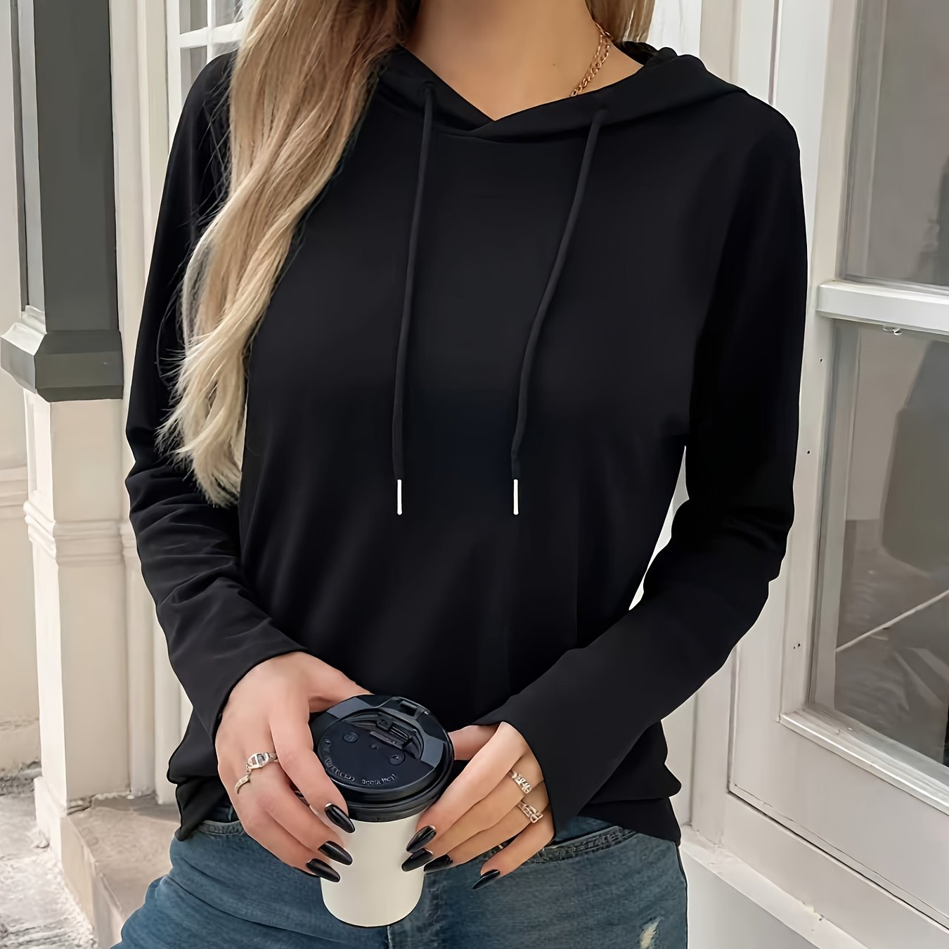 TEMU Solid Color Hooded Sweatshirt, Casual Comfortable Pullover, Machine Washable Elasticity