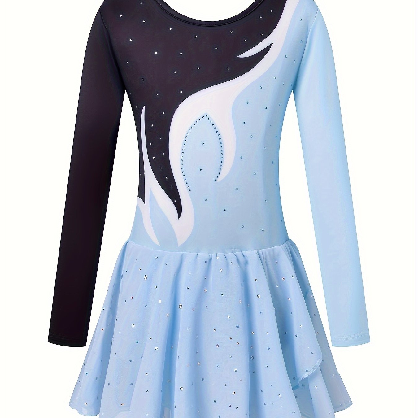 Image of Girls' Sparkling Rhinestone Dance - High-elasticity -fit Bodysuit With Starry Sky Outfit, Round Neck Long-sleeve Leotard Suitable For Ballet, Performances, Holiday Parties & Dance Competitions