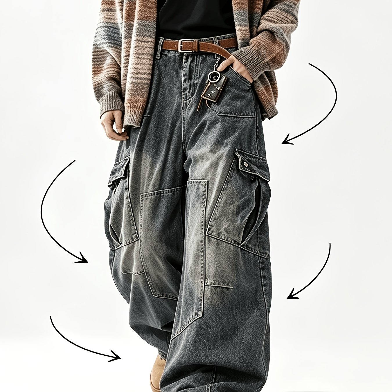 TEMU Men's Retro Oversized Multi Pocket Workwear Jeans, Hip-hop Denim Pants, Unisex Casual Loose Pants, Suitable For Any Season