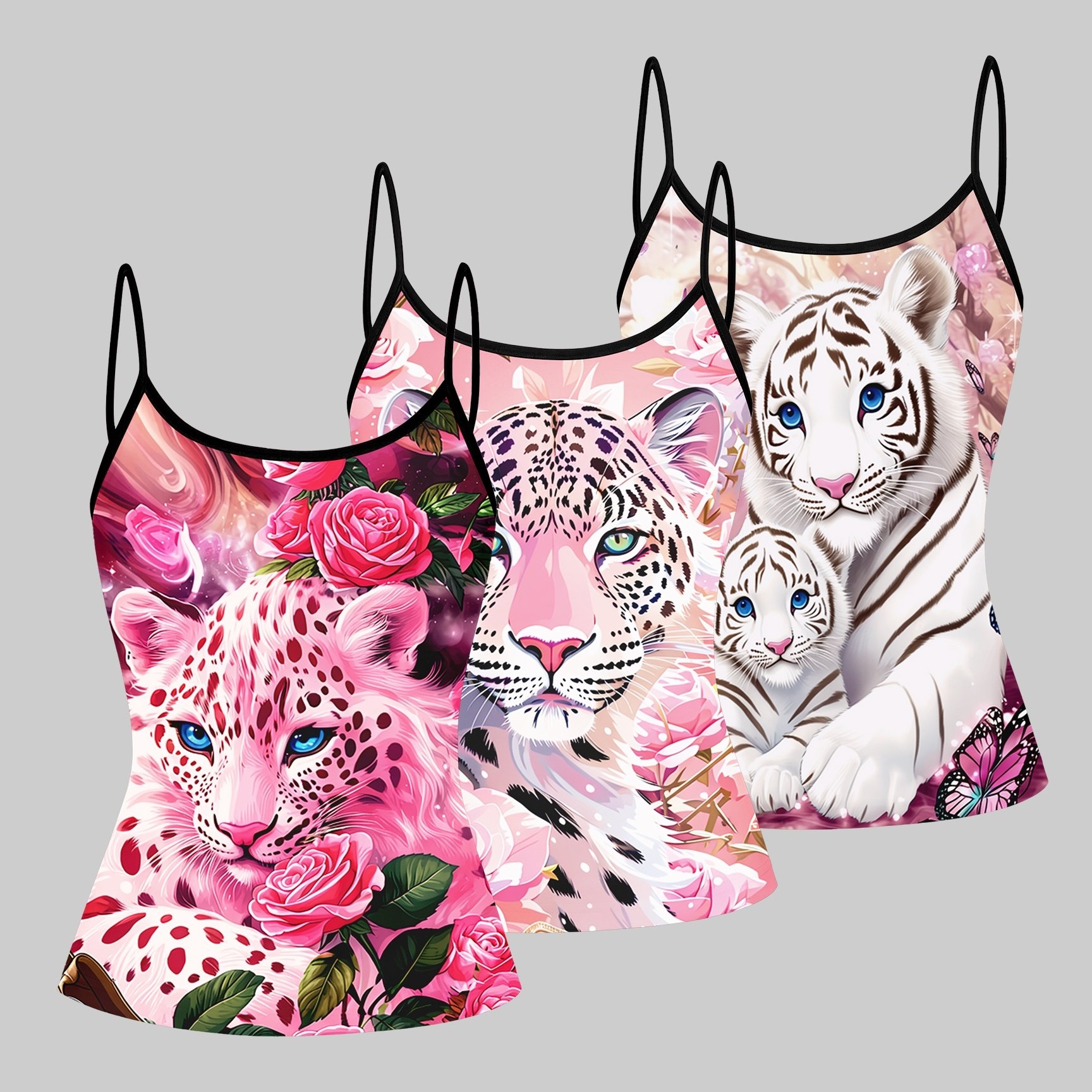 TEMU Women's 3pcs Set, Pink Rose Leopard Tiger Print Camisole Tank Top, Sweet And Edgy Summer Hot Slim Fit Sleeveless Inner Layer Base Layer Top