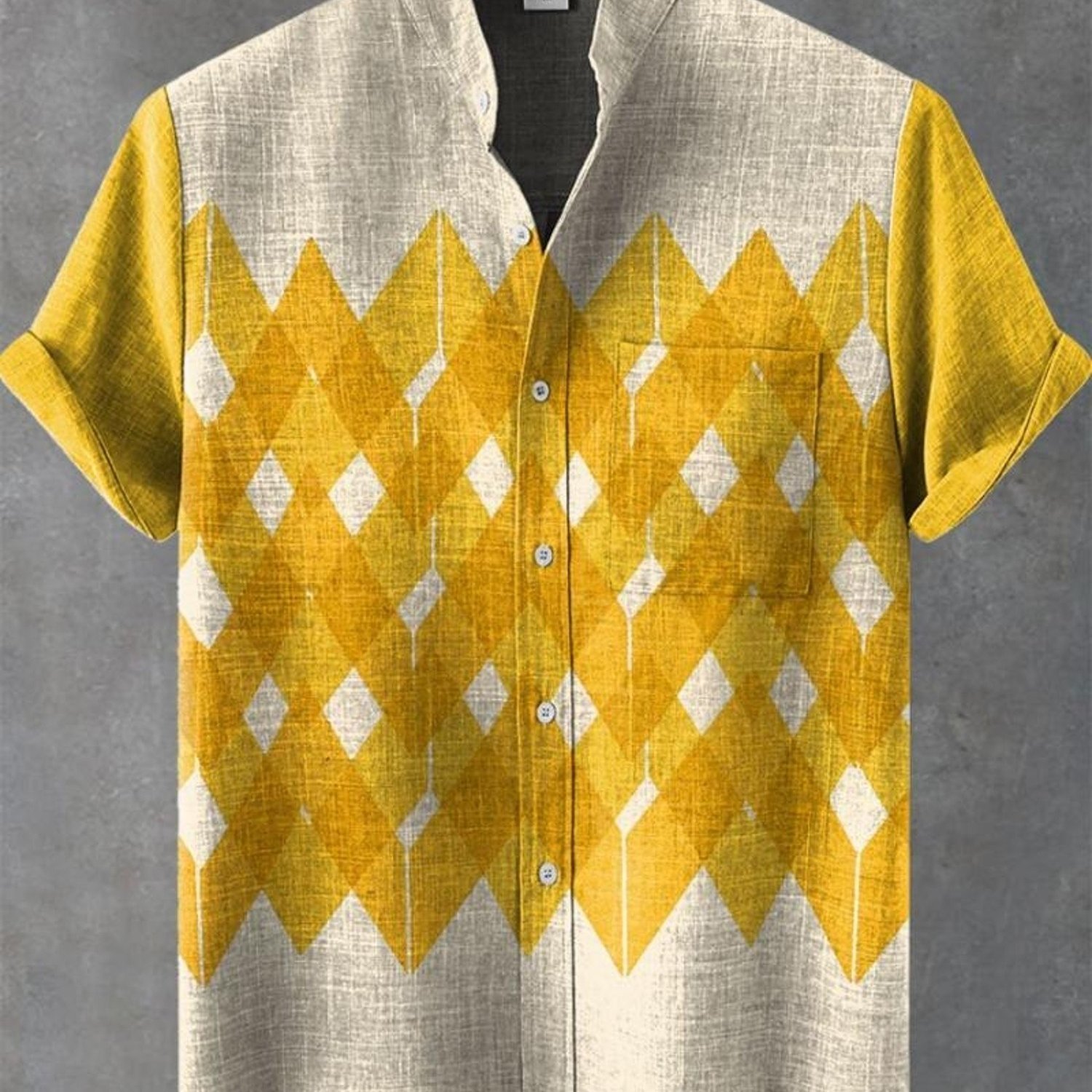 Men's Casual Retro Short-sleeve Shirt, Argyle Pattern, Yellow Sleeves, Chest Pocket, Collar & Button-front, Light Textured Fabric, Mixed Colors, Multiple Sizes , Polyester