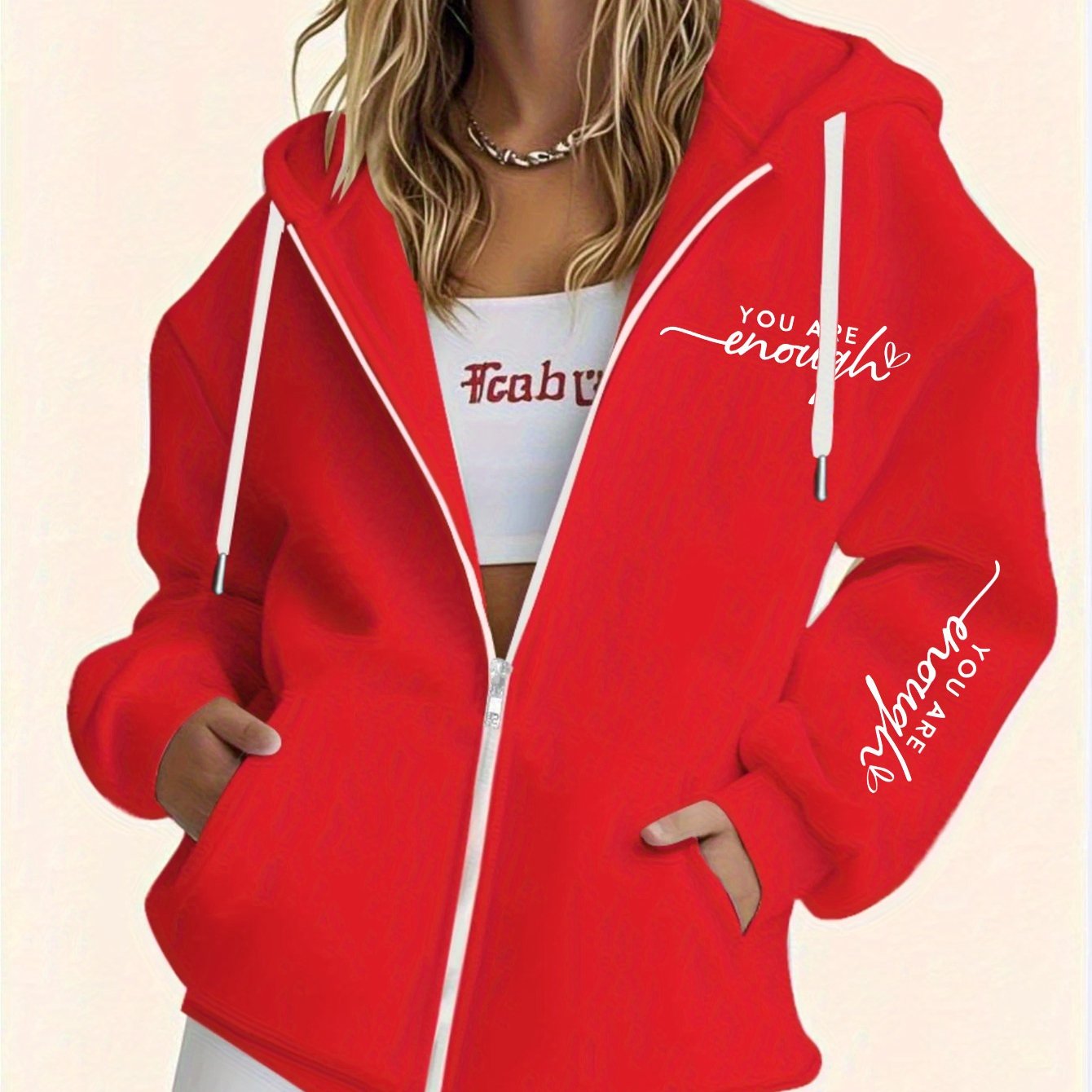 TEMU Plus Size - Damenmode in großen Größen: Lässiger Zip-Up Hoodie mit stylischem Design, auffälligen Buchstaben-Druck, bedruckten Mustern auf Brust