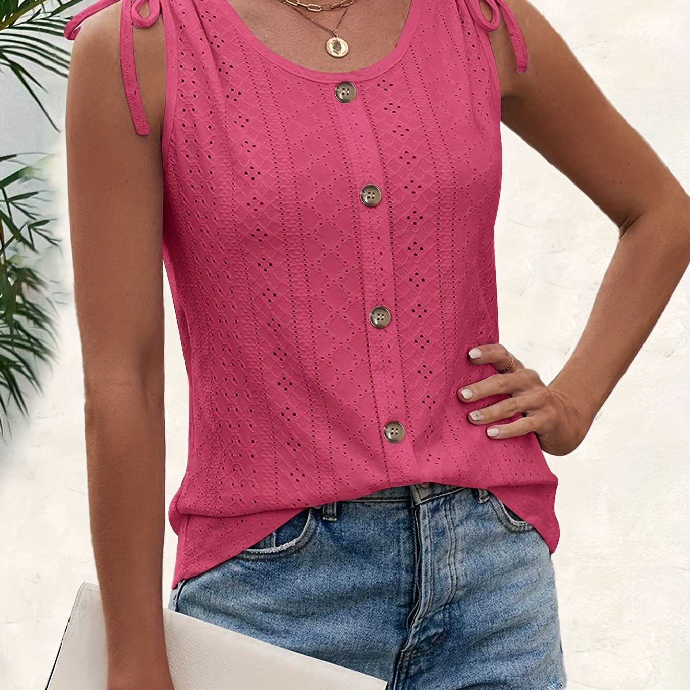 TEMU Easy Solid Top Featuring Button Details On The Shoulder Straps, Ideal For Spring And Summer, And Washed In A Machine