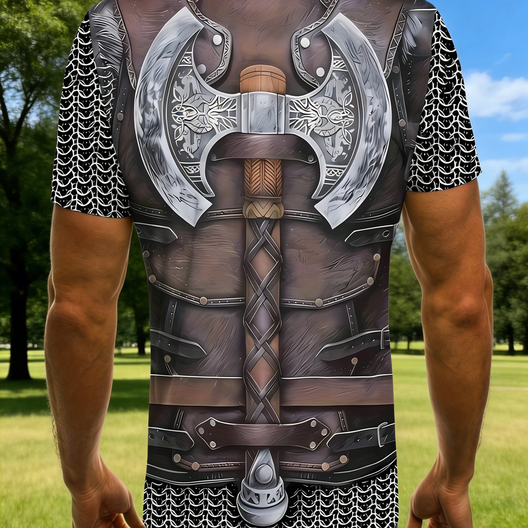 TEMU Men's Armor Axe Print Short Sleeve T-shirt Summer New European Trendy Retro Armor Pattern Round Neck Top Medieval Casual Versatile Individual
