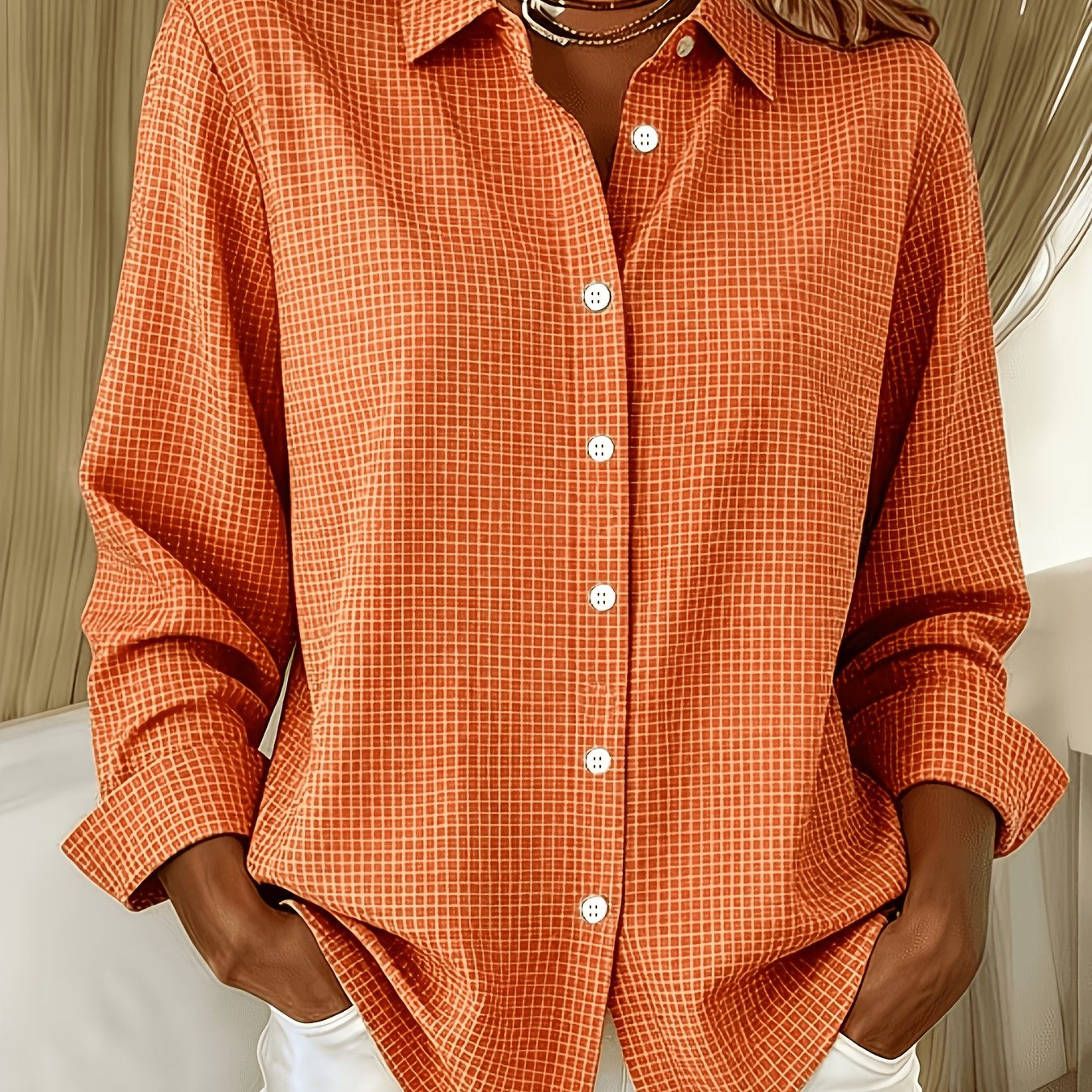TEMU Elegant Special Edition Women's Printed Shirt - Long Sleeve Button- Shirt With Classic Collar, Suitable For Office, Commuting, Or Formal Events,