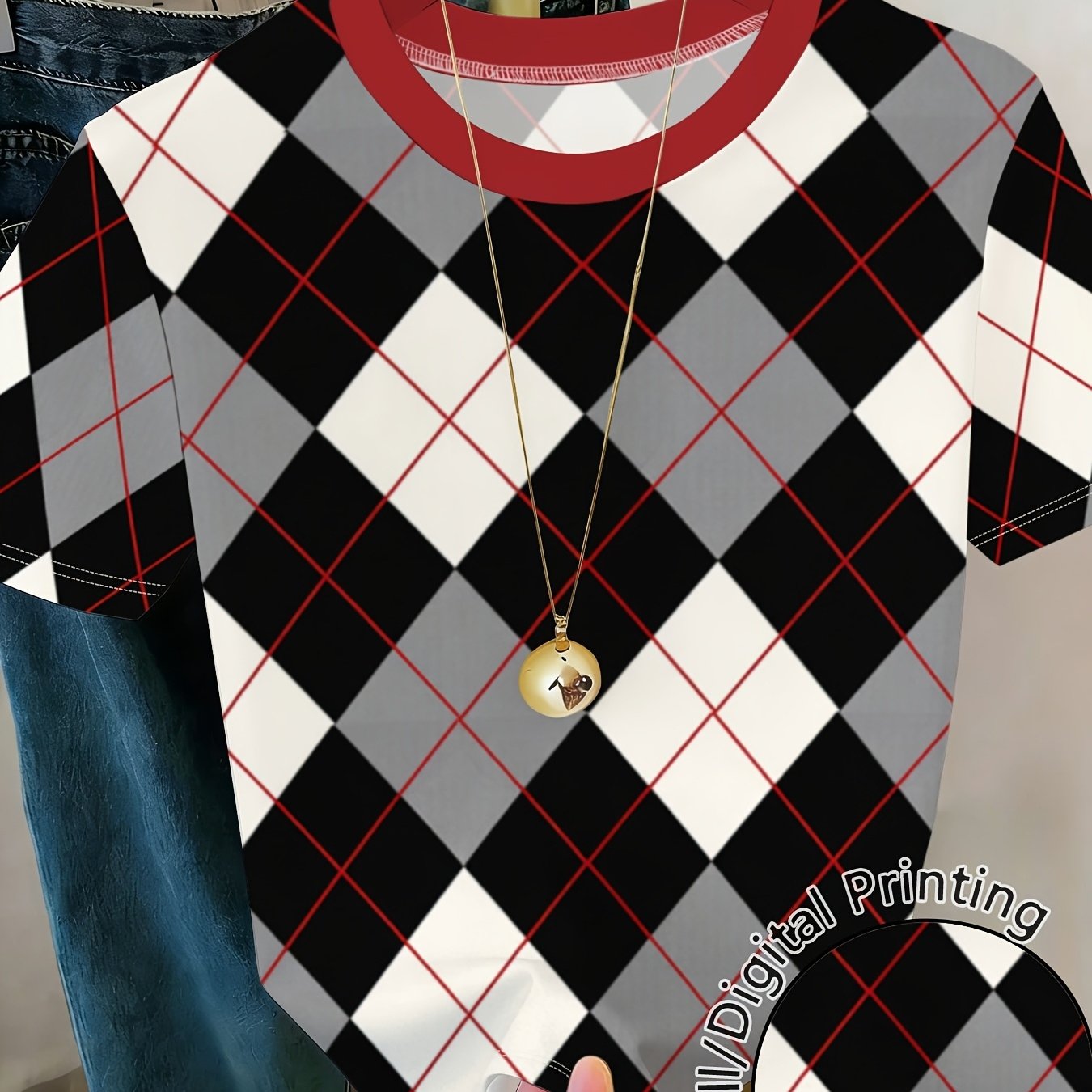 TEMU Plus Size, Summer New Arrival Pink And White Rhombus Print Short Sleeve T-shirt For Women, Cute Red Bow Accent Round Neck Top, Vintage Rhombus