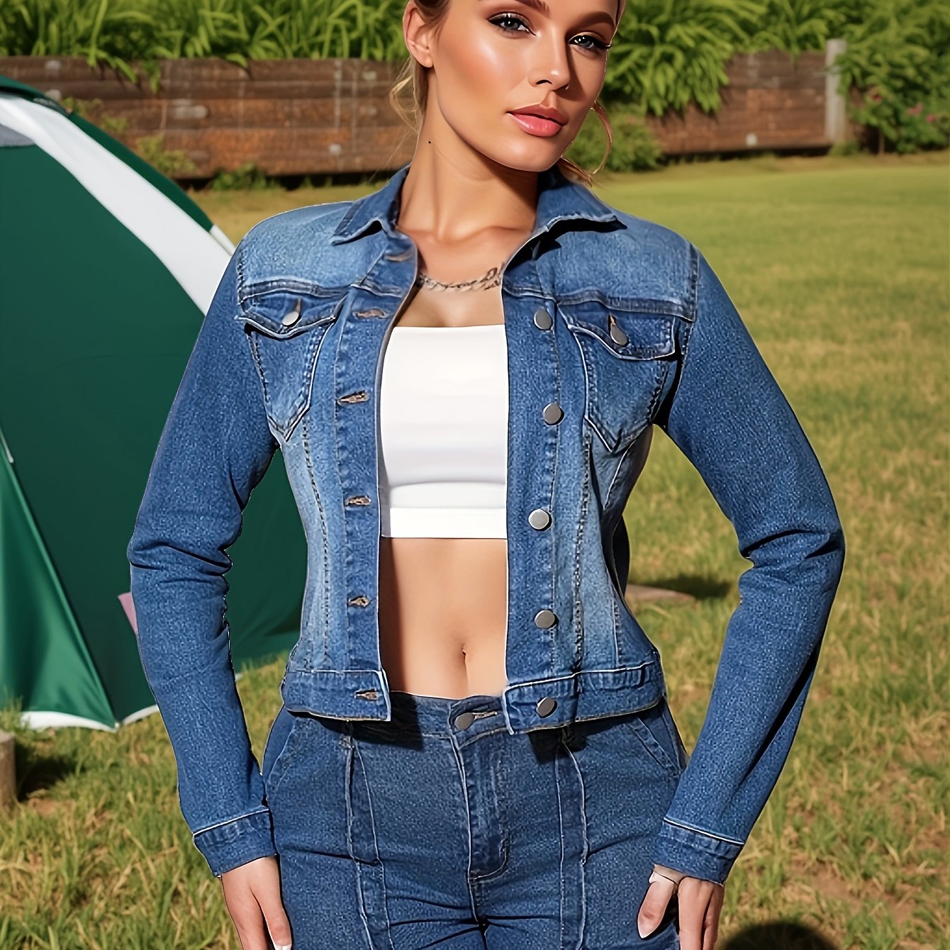 Women's Casual Denim Jacket - Button-up, Long Sleeve, High-stretch Fabric, Solid Color, Ideal For Spring/fall, Versatile Jacket|classic Denim Style|durable Construction