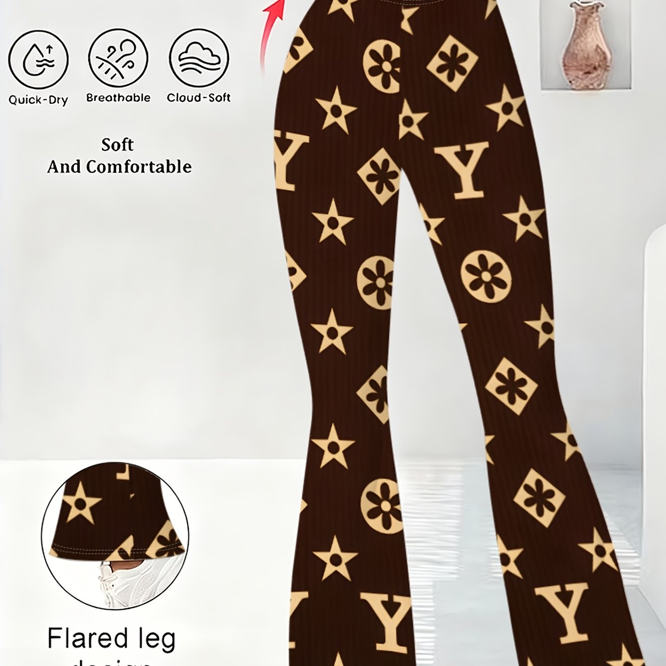 TEMU Women's Printed Flared Pants, High-waisted Wide-leg Stretch Casual Pants, Made Of Lightweight Stretch Fabric, Suitable For Casual Wear, Spring,