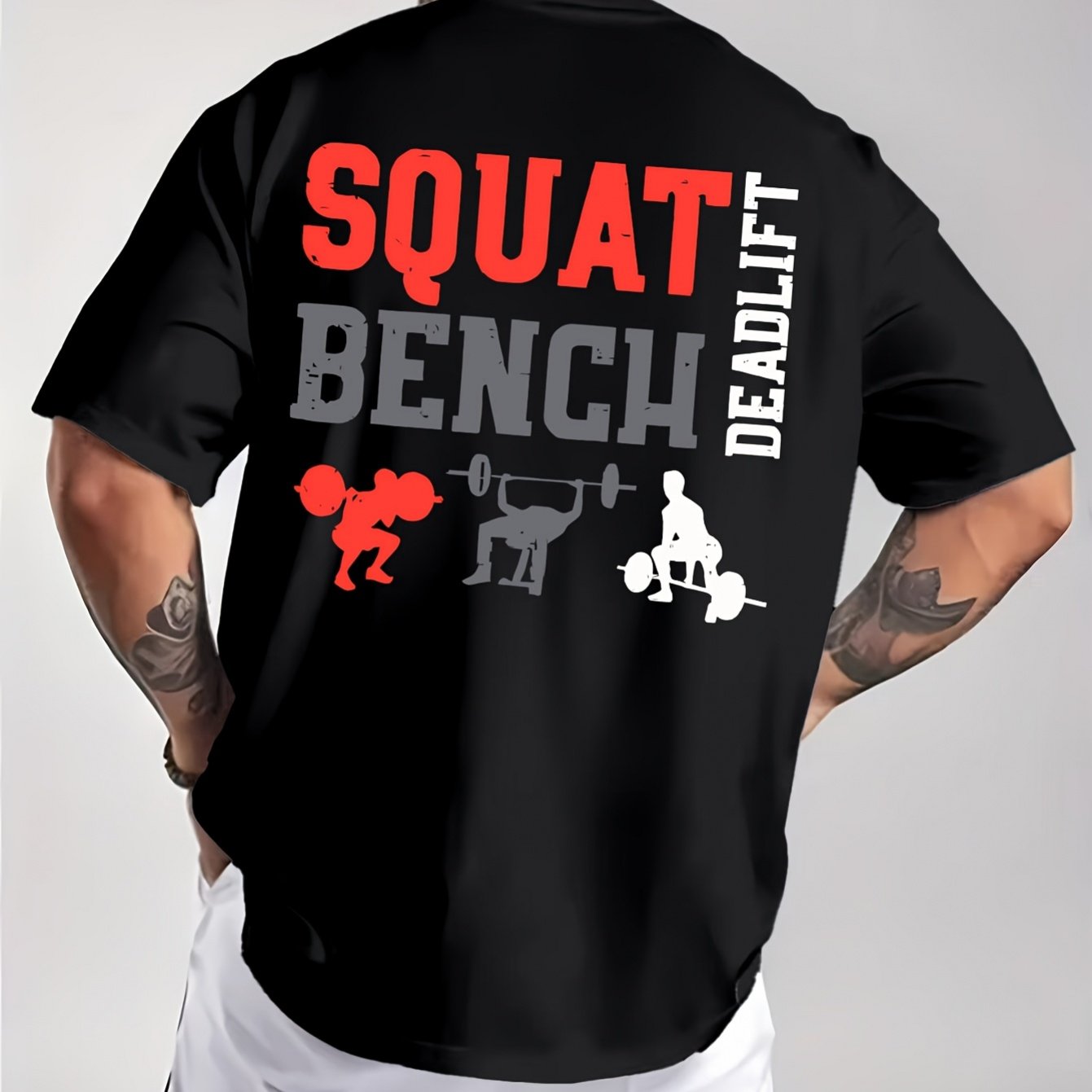 TEMU Men's Squat Bench Deadlift Graphic T-shirt - Regular Fit Casual Short-sleeve Workout Shirt, Ribbed Neckline, Machine Washable, Suitable For And