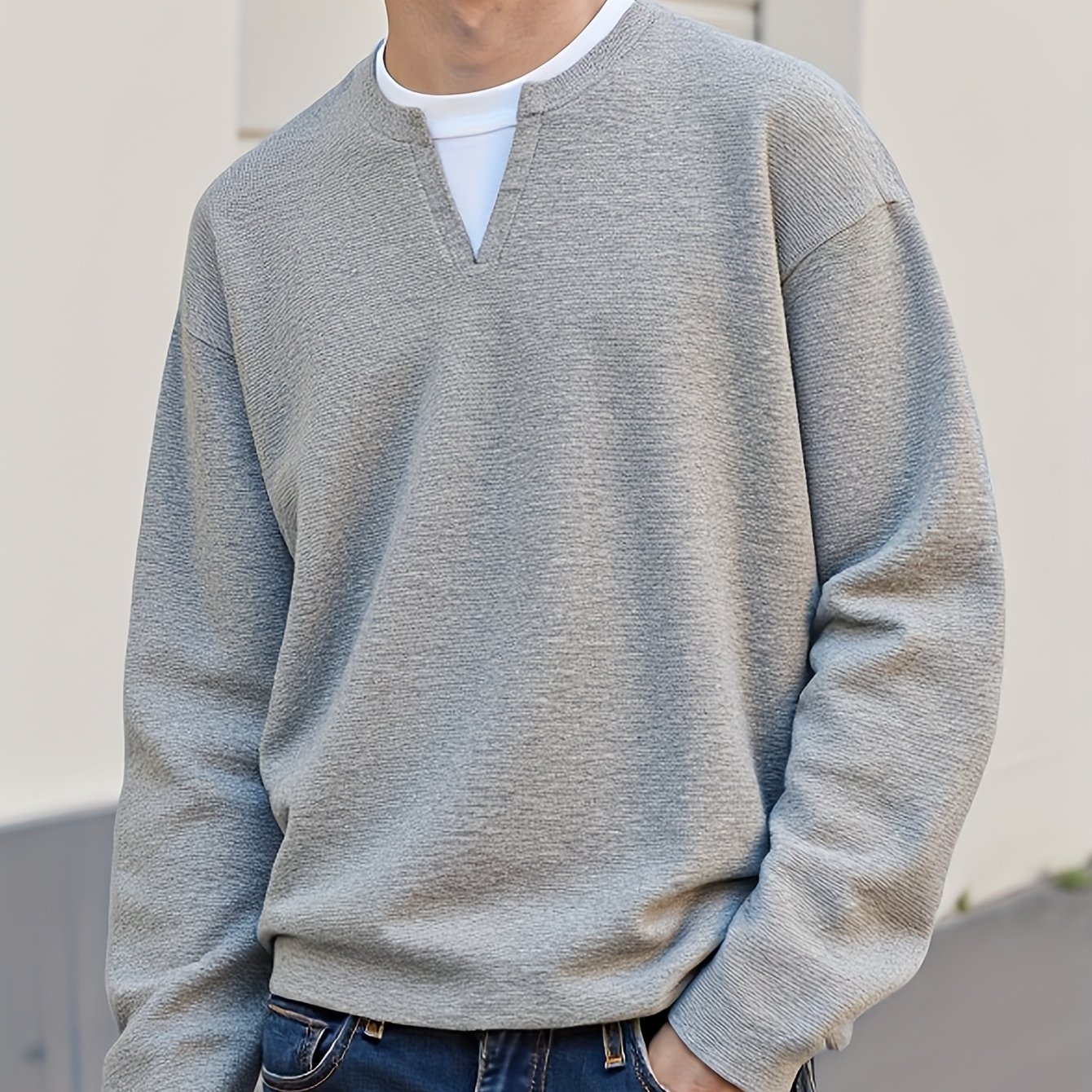 TEMU Men's Long-sleeve T-shirts, Layered Design, Notched V-neck And Ribbed Cuffs
