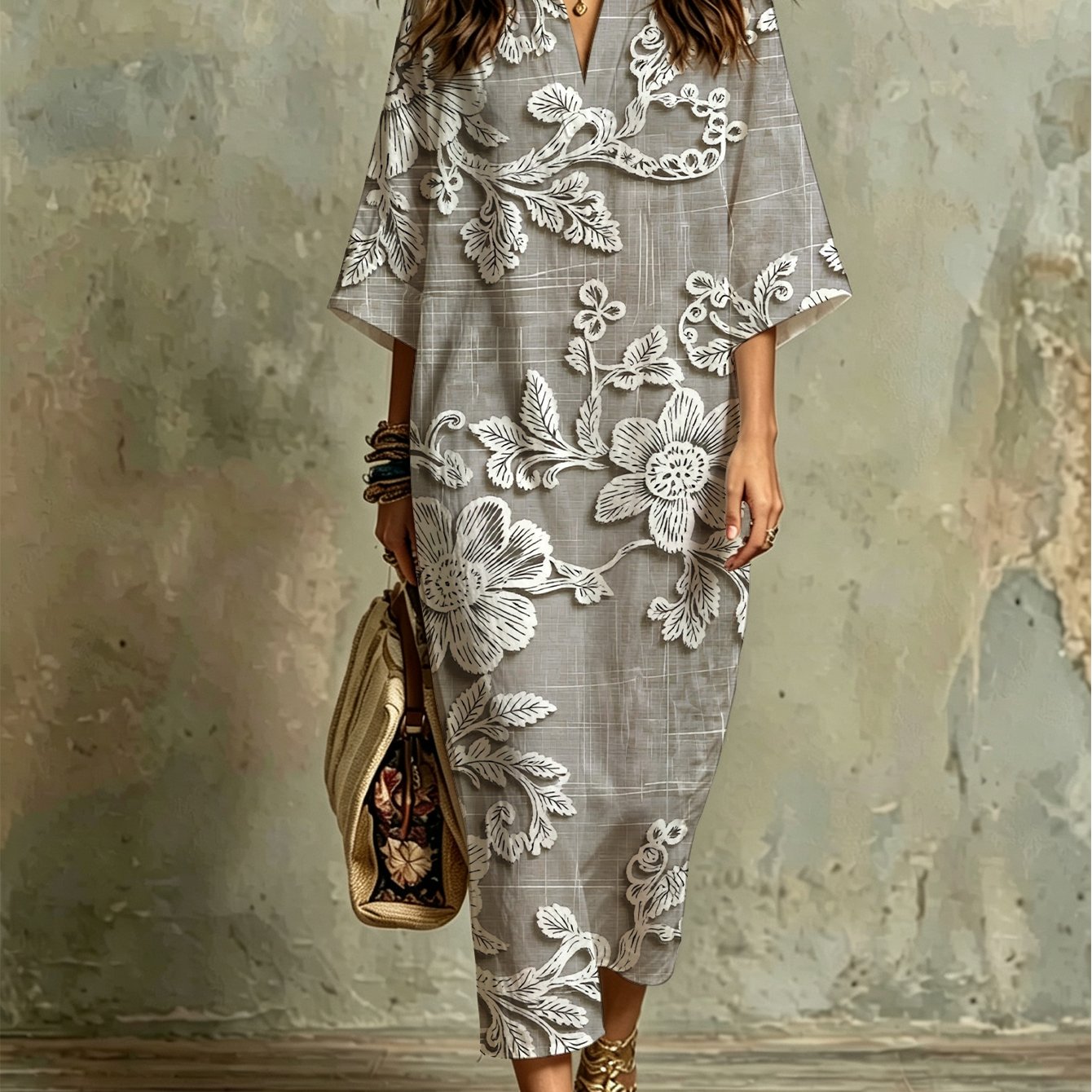 Image of Plus Size, Fashion Casual Kaftan Dress With White Floral Embroidery On Beige Background, Comfortable, Breathable, Lightweight, Versatile For Beach, Vacation, Summer Parties