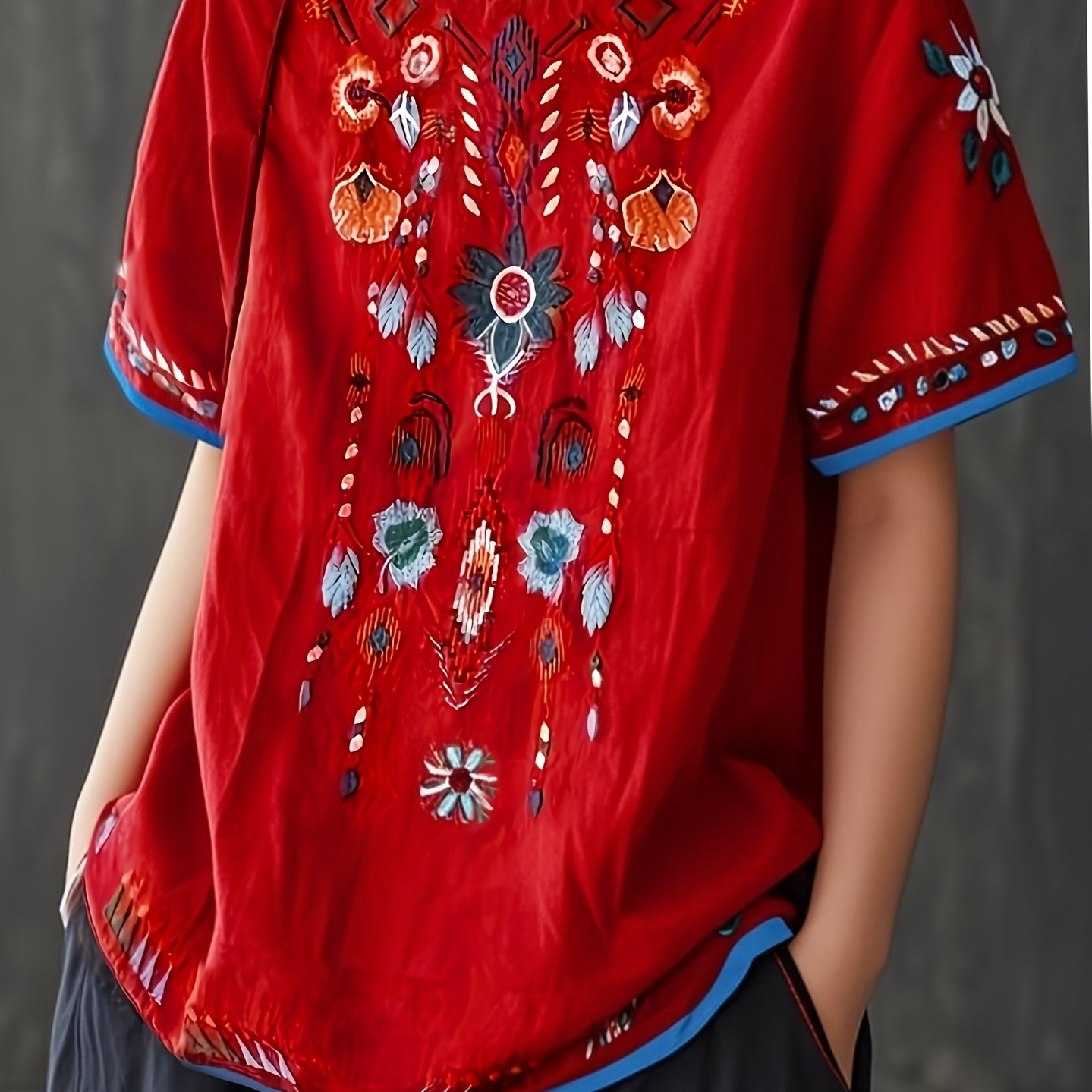 TEMU Retro Comfortable Ethnic Embroidery Colorful Embroidery Exquisite Contrast Color Edging Round Neck Short-sleeved Beautiful Shirt Breathable