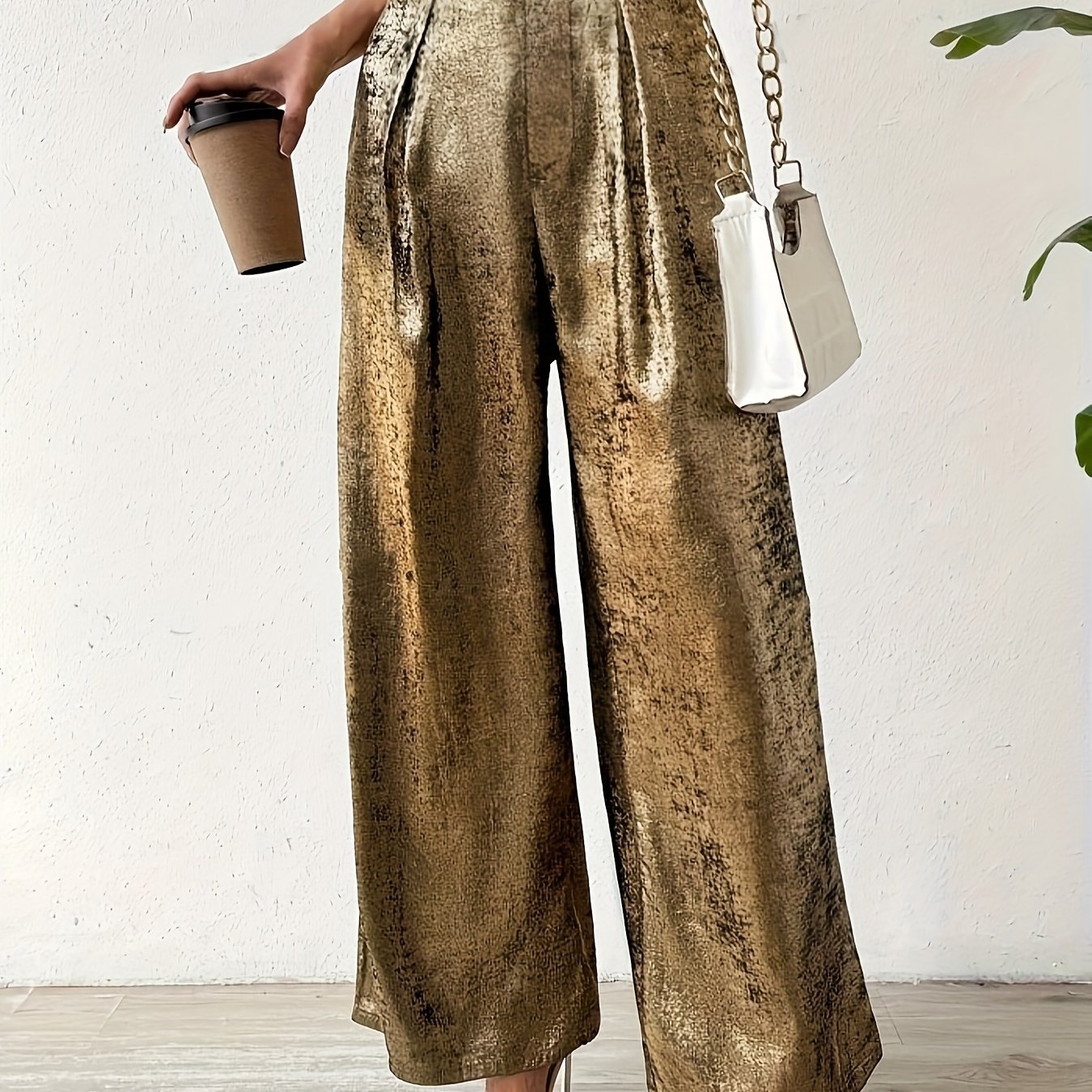 TEMU Elegant High-waisted Golden Wide-leg Pants For Women, 100% Polyester, Solid Color, Long Length, Straight Leg Style, With Pockets, For Spring/summer/fall - Woven Adult Trousers