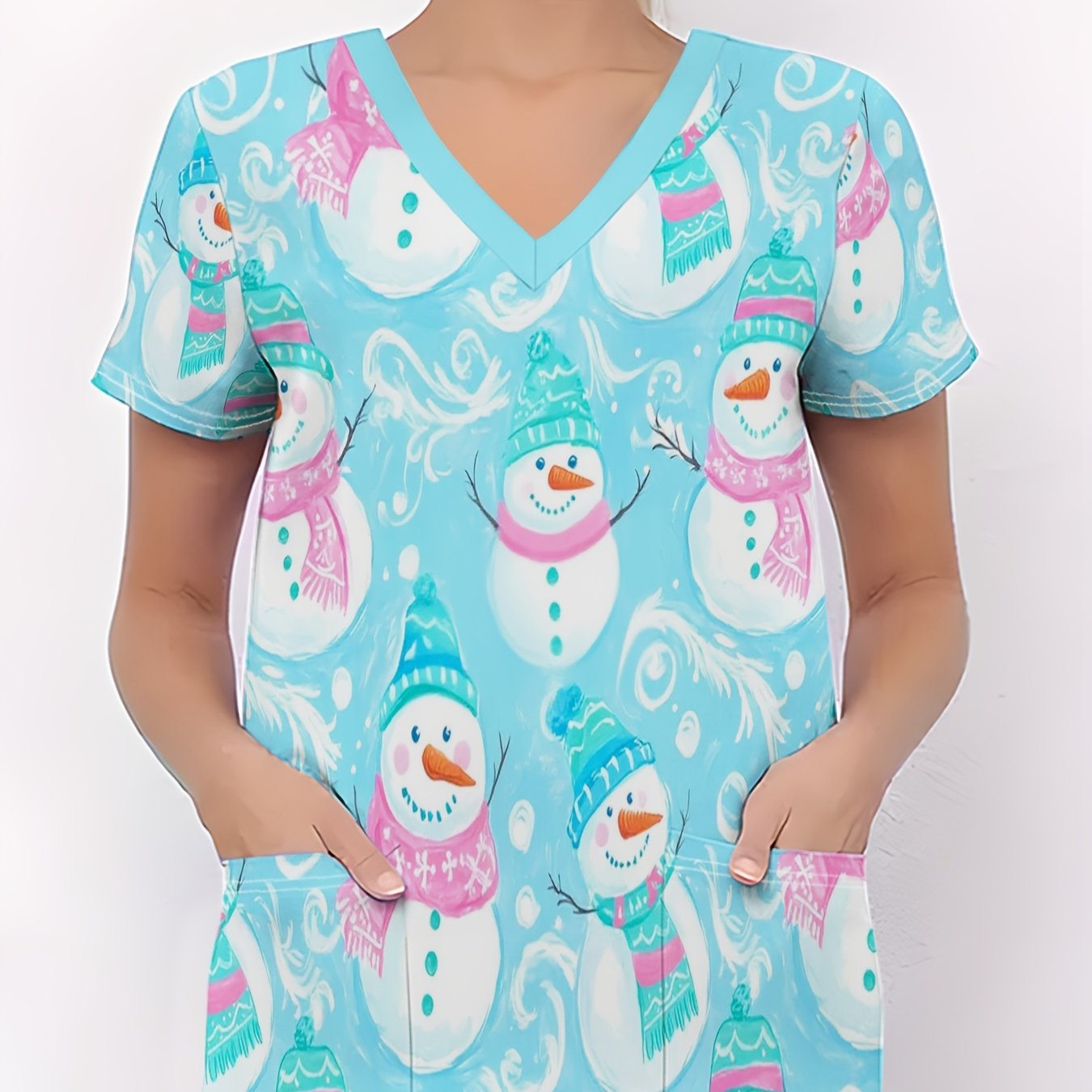 TEMU Christmas Women's Nurse Uniform With Cute Snowman Pattern, Style Decorative Printed T-shirt, Christmas V-neck T-shirt With Pockets, Fashionable