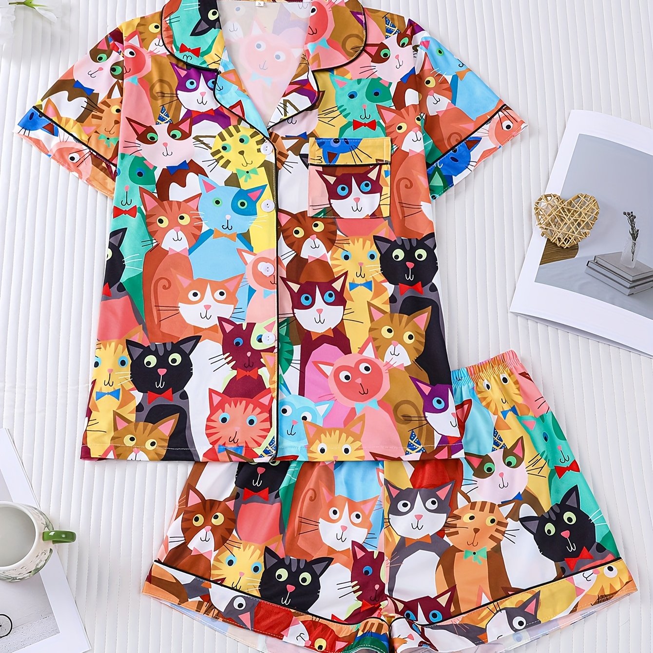 TEMU 2pcs Women's Spring Summer Pajama Set, Cute Cartoon Kitten Print, Short Sleeve Lapel Cardigan Top And Loose Elastic Shorts, Casual Women's