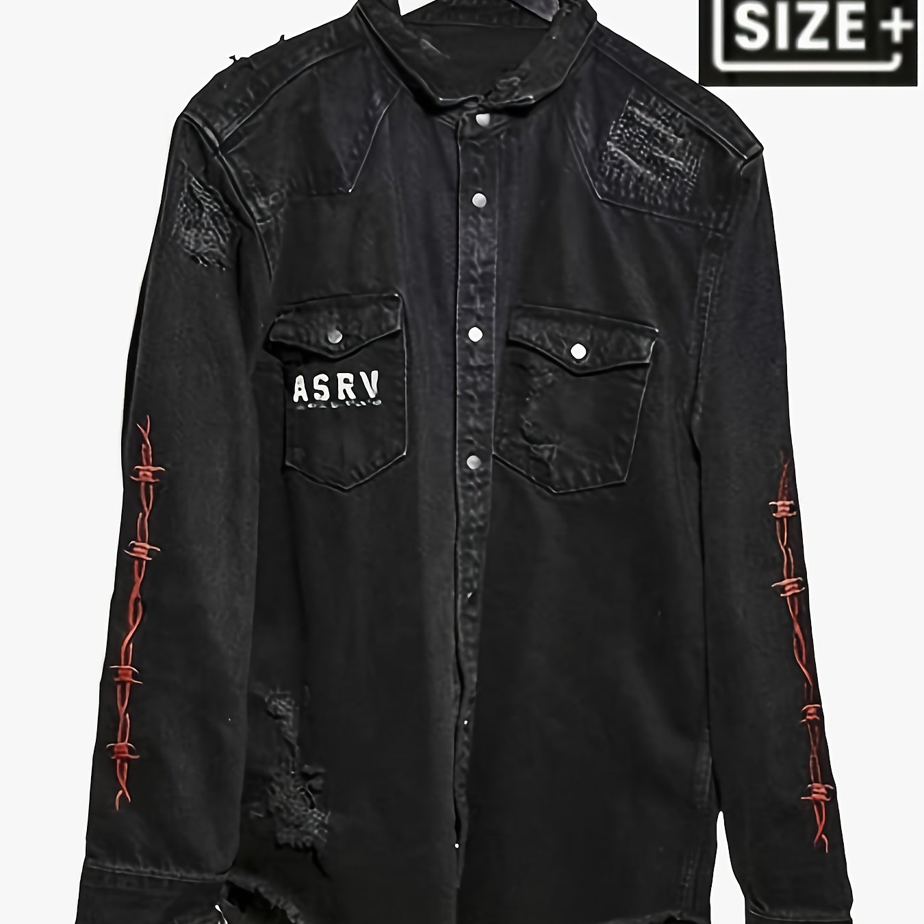 Image of [hme] Men's Plus-size Streetwear Denim Jacket Vintage Style, Unique Rock Prints, Relaxed Fit, Heavy Washed Distressed Finish, Back Metal Rings. Button-front Closure, Premium -street Staple, Plus Size