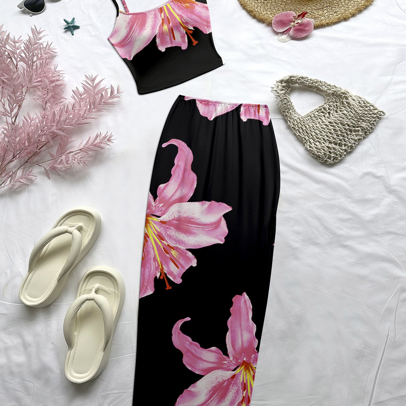 TEMU Women's Spring/summer New Boho Vacation & Resort Artistic Floral Print 2pcs Set Side Slit Lightweight Crop Top & Maxi Skirt Set