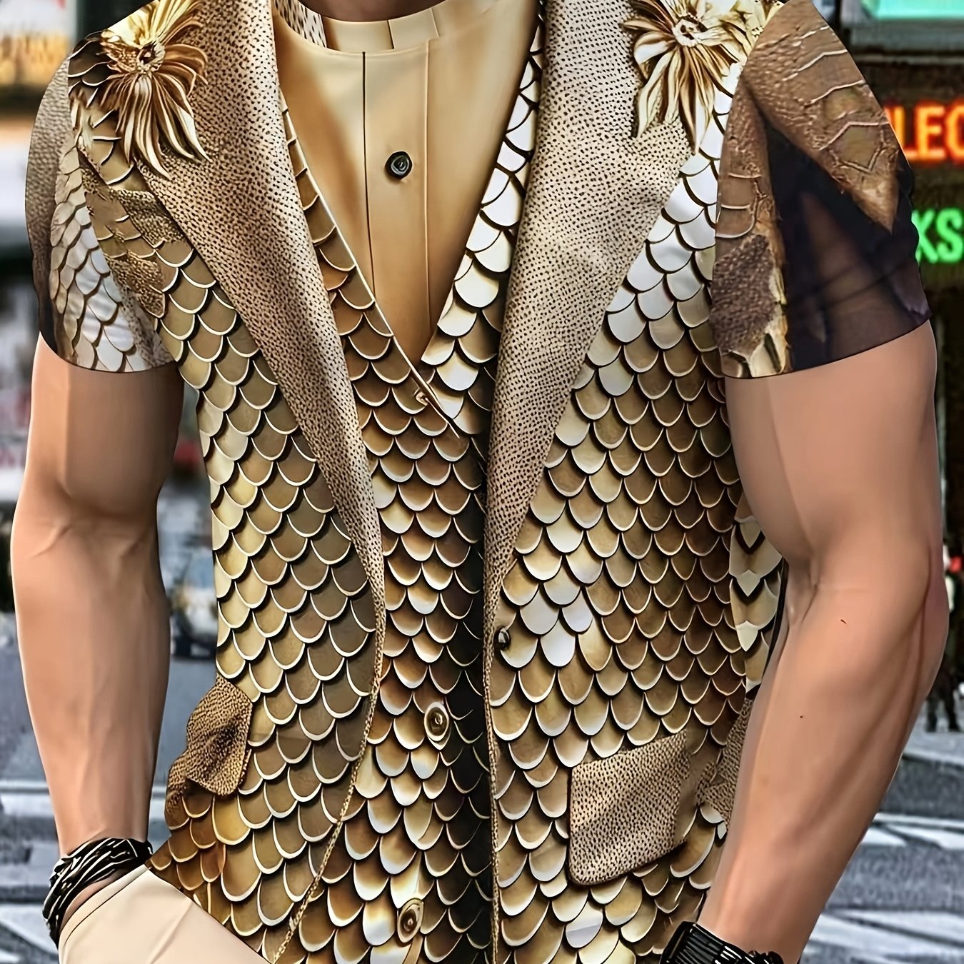 TEMU Abstract Summer New Metal Scale Suit Pattern Short-sleeve Resin T-shirt, Trendy Men's Casual Fashion Top