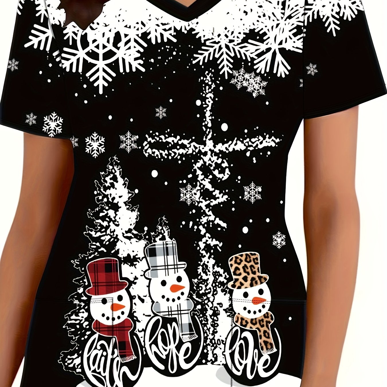TEMU Plus Size, Women's Fashion Short Sleeve V-neck Top, Christmas Black Snowman Comfortable Nurse Uniform With Pockets