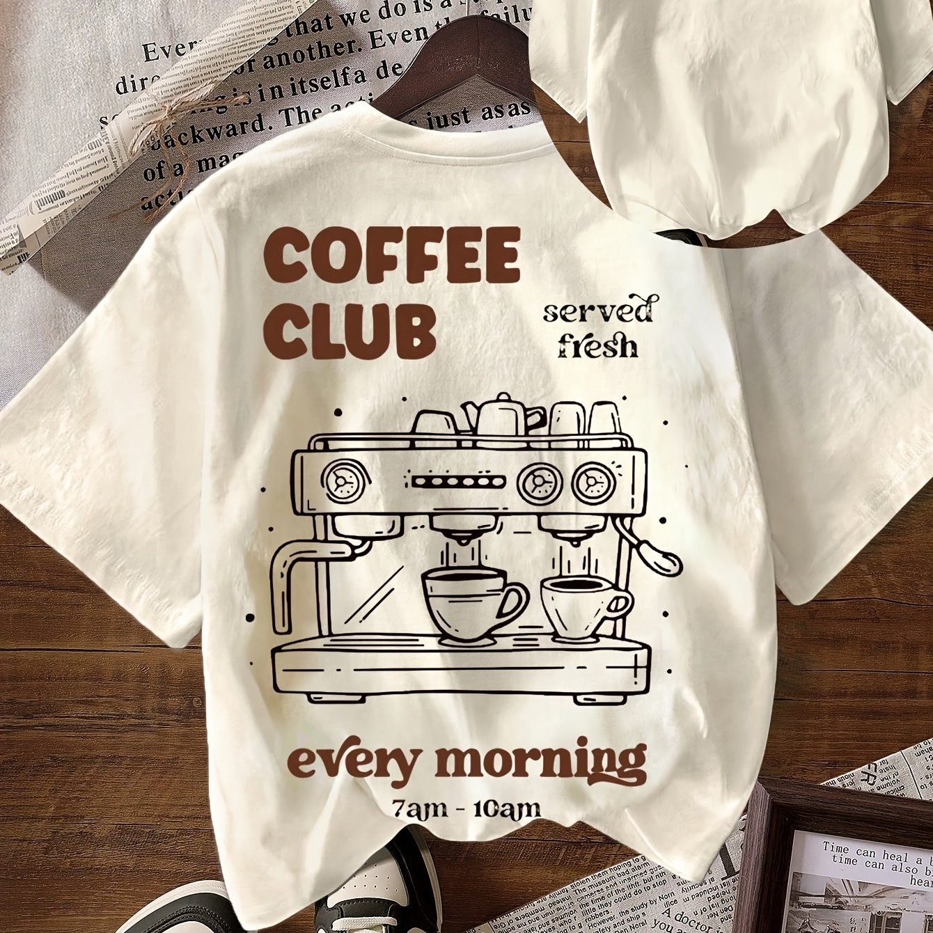 TEMU T-shirt graphique Women' - Haut décontracté à manches courtes et col rond avec grains de café, élasticité moyenne, convient aux tenues de plage,