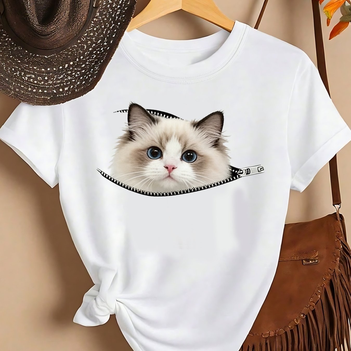 TEMU Zipper Cat, Ragdoll Cat Graphic Print T-shirt, Short Sleeve Crew Neck Casual Top For Summer And Spring, Women's Clothing