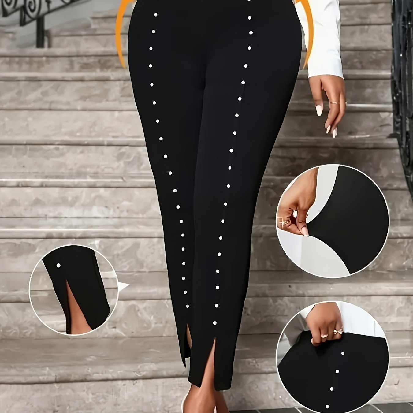 TEMU Women's Fashion Pearl-embellished Split Hem Fitted Trousers