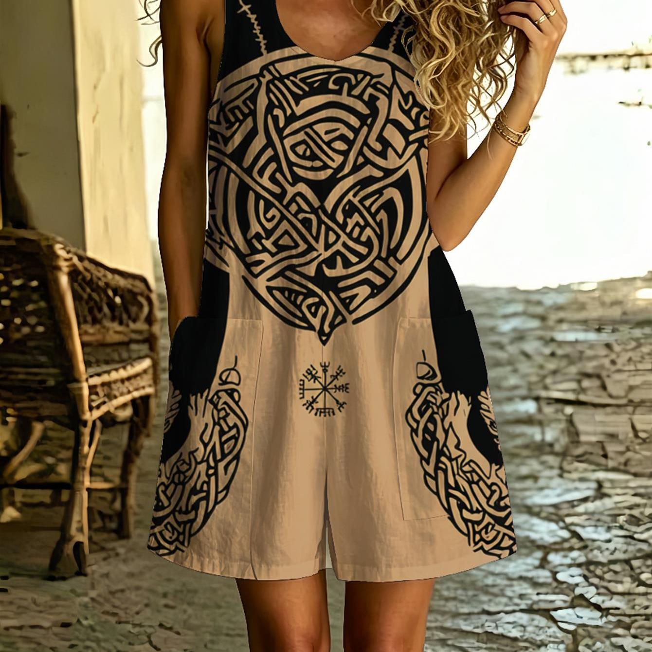 Image of Women's Sleeveless Loose Jumpsuit Shorts With Minimalist Celtic Knot & Print, Beige And Black Geometric Summer Casual One-piece