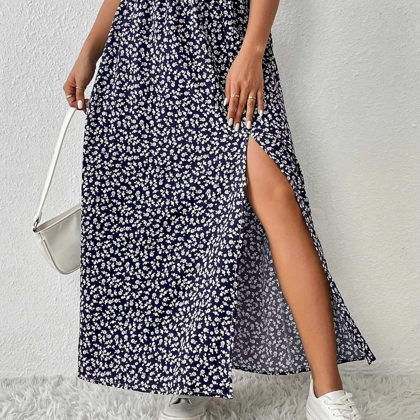 Vacation Spring/summer Floral Print Elegant Casual Regular Fit Thigh-slit Elastic Waist Maxi Dress For Women