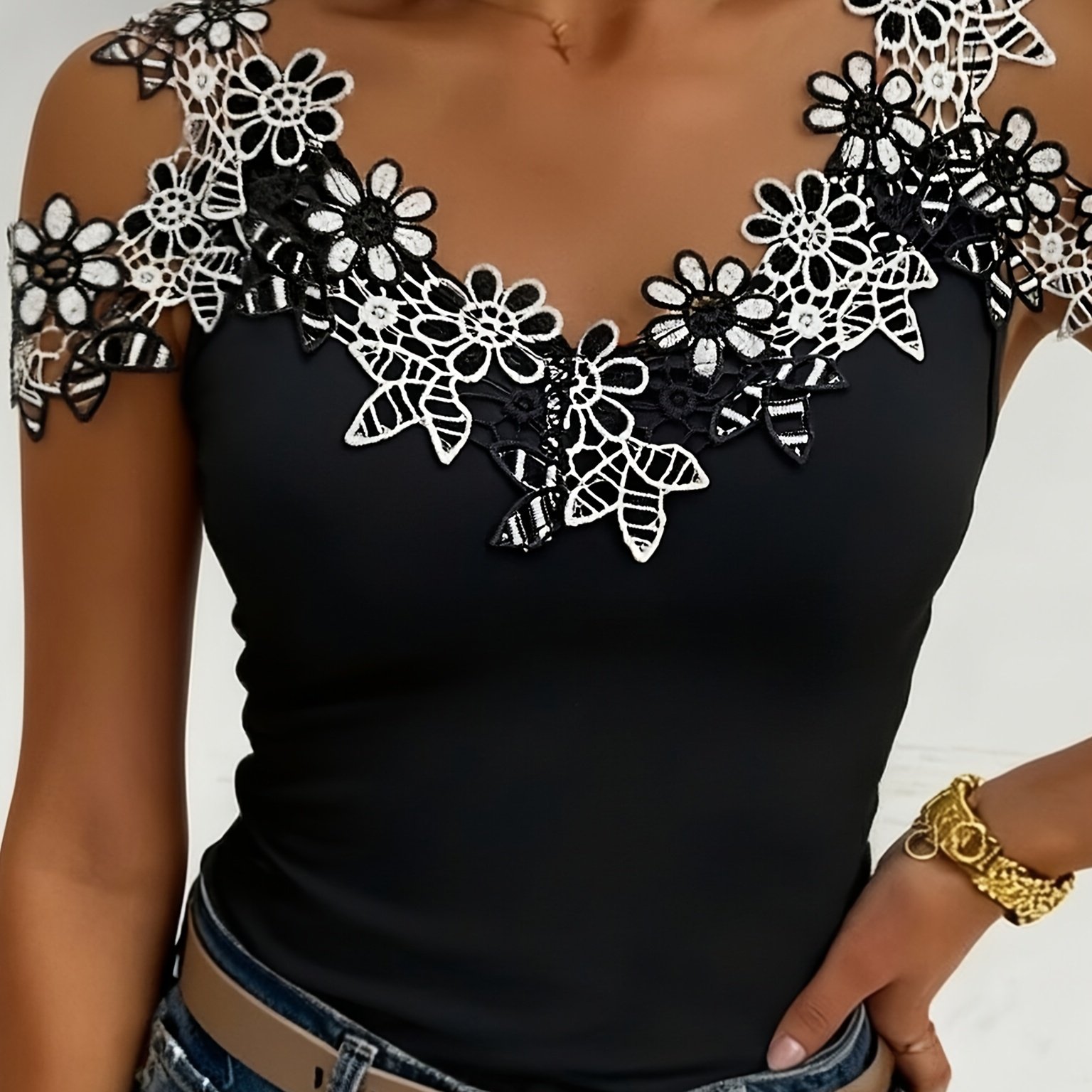 Image of Women's Fashion Elegant Light Luxury T-shirt - French Sweet Cami, White Floral Lace Off-shoulder V-neck, Sheer Texture Enhances Soft Shoulder Neckline Slim Fit Contoured Design With Retro Vibe