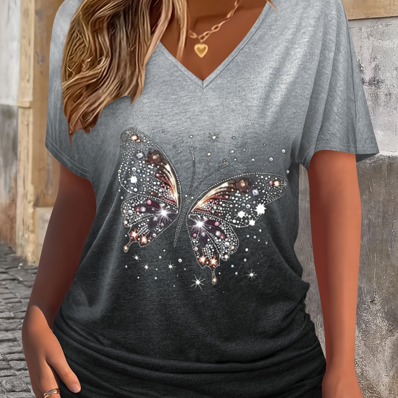 Image of Women's Summer Print V-neck T-shirt - Casual Loose Fit Short Sleeve Top With Ruching Detail, Plus Size, Machine Washable, , Vacation Clothing