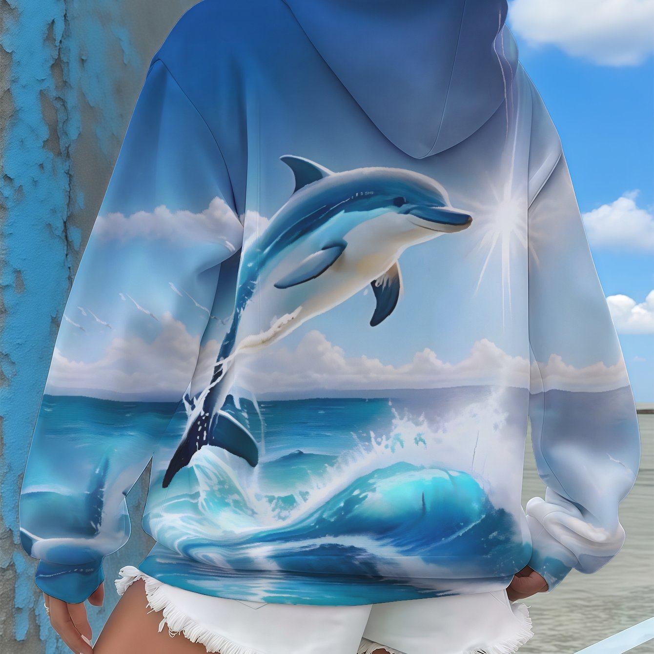 TEMU Plus Size, Full- Dolphin With Design, Drawstring Hood, Long-sleeve Casual Pullover, Comfortable For , Machine-washable Ocean-themed Apparel,
