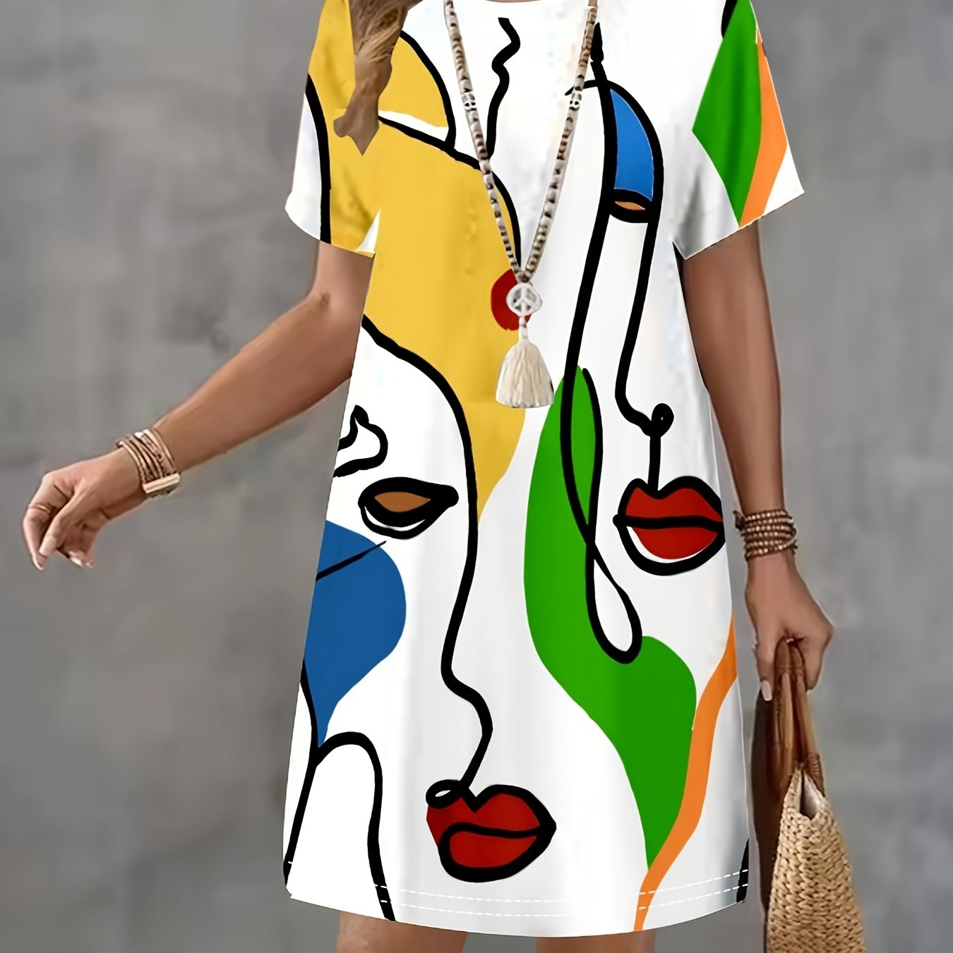 Image of Street Style Women's Dress Painted Art Face Pattern Print Summer Dress Casual Short Sleeve Loose Dress
