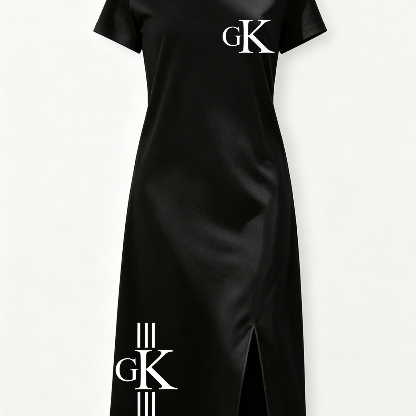 TEMU Black Satin Midi Dress With Gk Logo Print And Vertical Stripes For Casual And Evening Wear