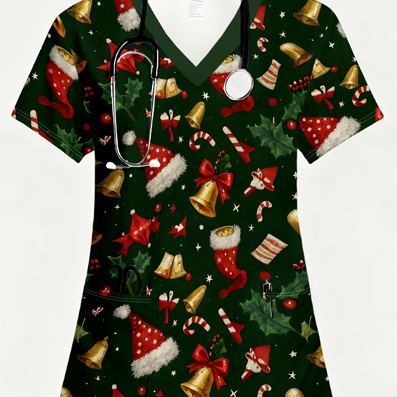 TEMU A Women's Uniform, Print, , 2 Pockets, V-neck, Christmas Atmosphere Full Print Uniform, And Green Color Scheme, Christmas Hat And Bell Elements,