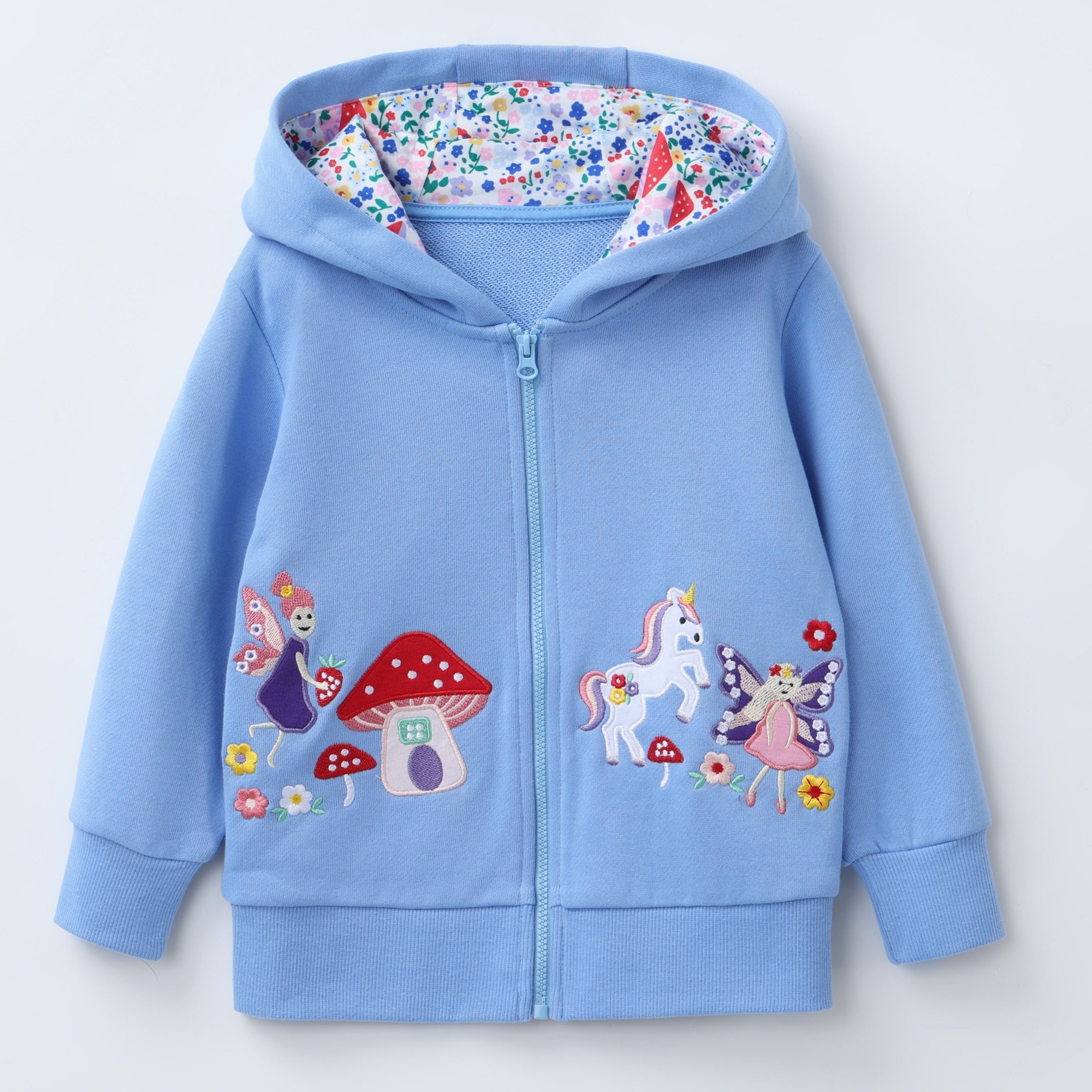 Image of Embroidered Zip-up Hooded Sweatshirt For Girls Ages 2-8, Long Sleeve Top For Spring, Autumn, And Winter Casual Activities