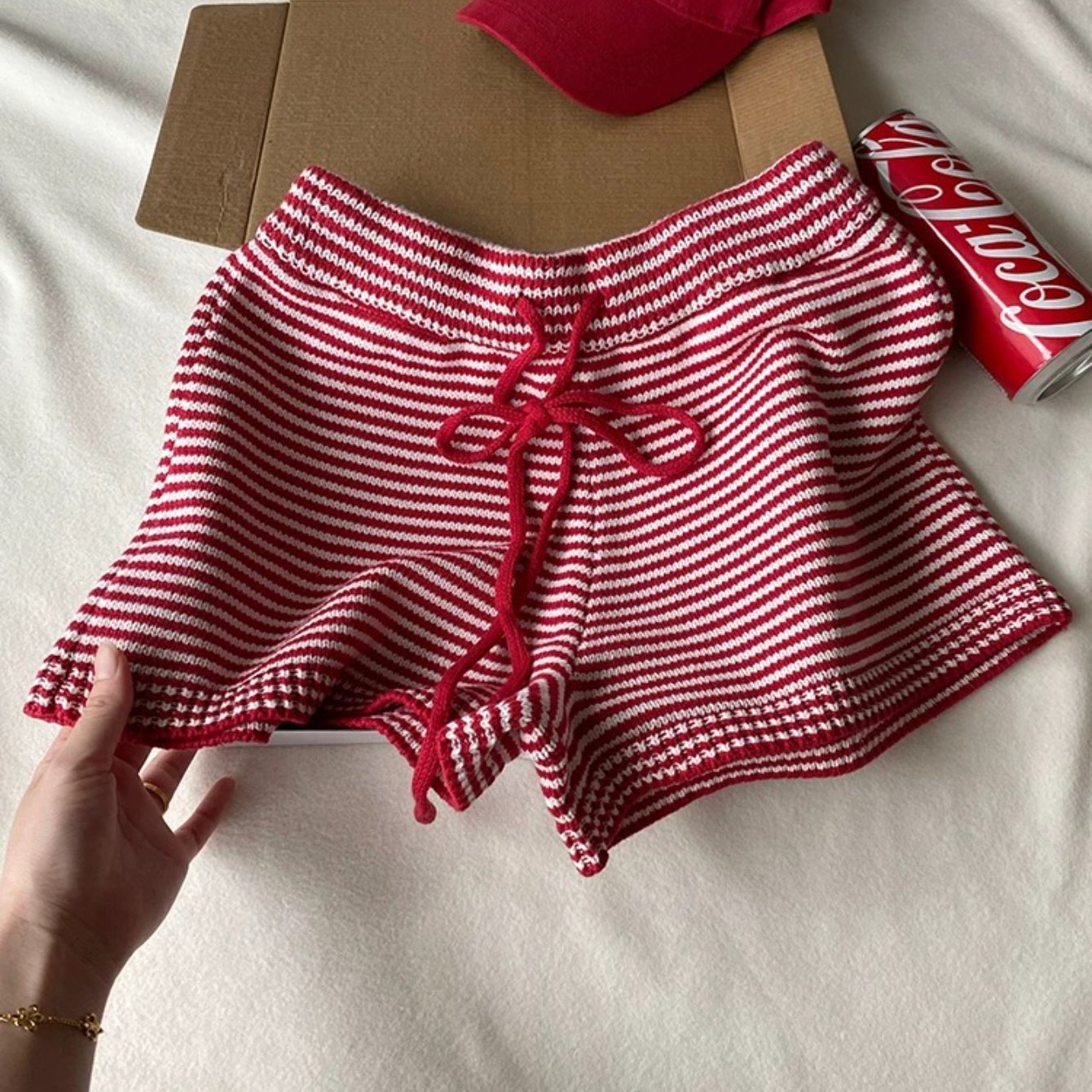 TEMU Elegant Striped Drawstring Loose-fit Fabric Home Shorts, Versatile Shorts Suitable For , Vacation, And Beach Scenes Ns702