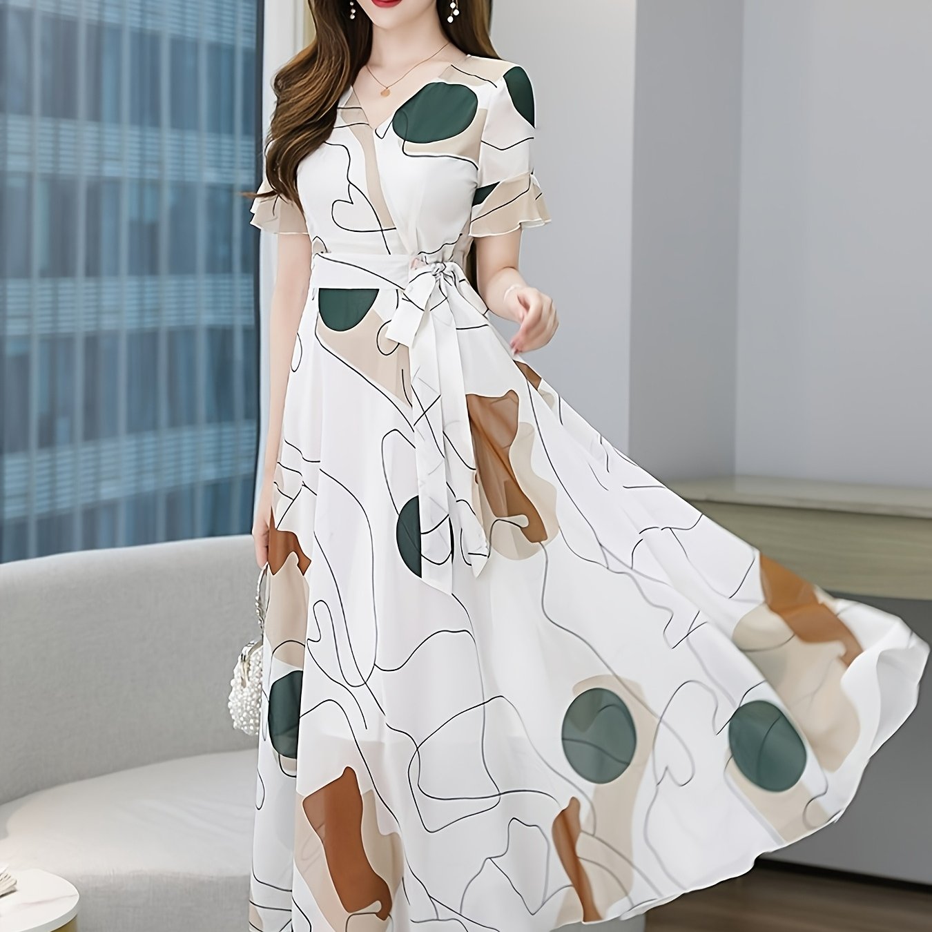TEMU White Dress Printing Dress French Dress For Dress Casual Dress V Neck Dress Elegant Long Dress White Dress
