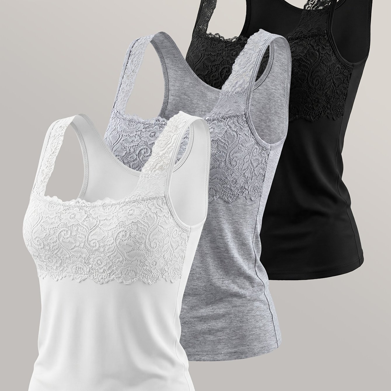 Image of 3pcs Women's Casual Tank Tops, Vests - No Padding, Solid Color Sleeveless Versatile Base Layers, Lace Straps, Comfortable Basic Tops