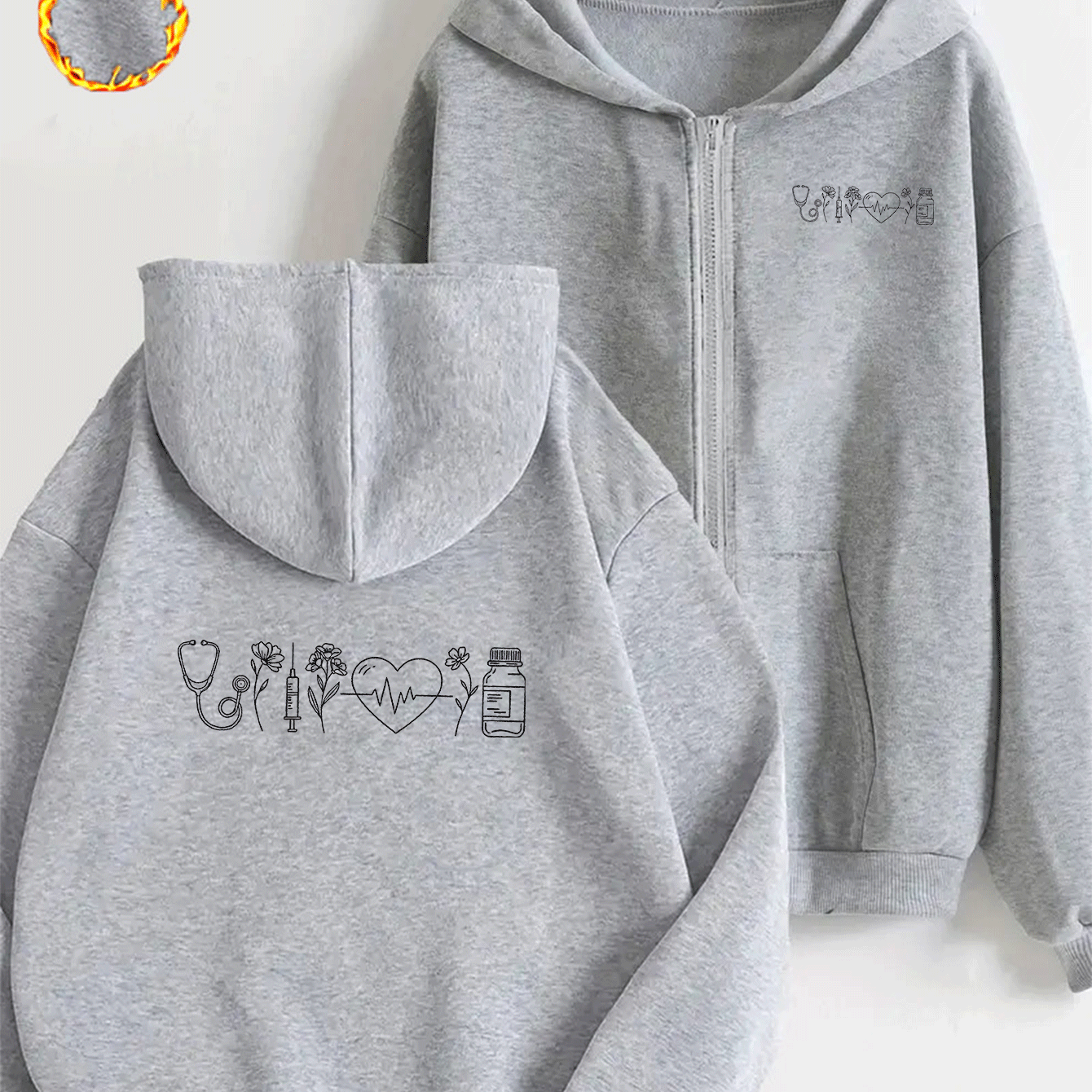 TEMU Sweat à capuche décontracté 1 pièce pour femme avec fermeture éclair, doublé, à imprimé sur le thème ECG des soins infirmiers, d'anniversaire ou