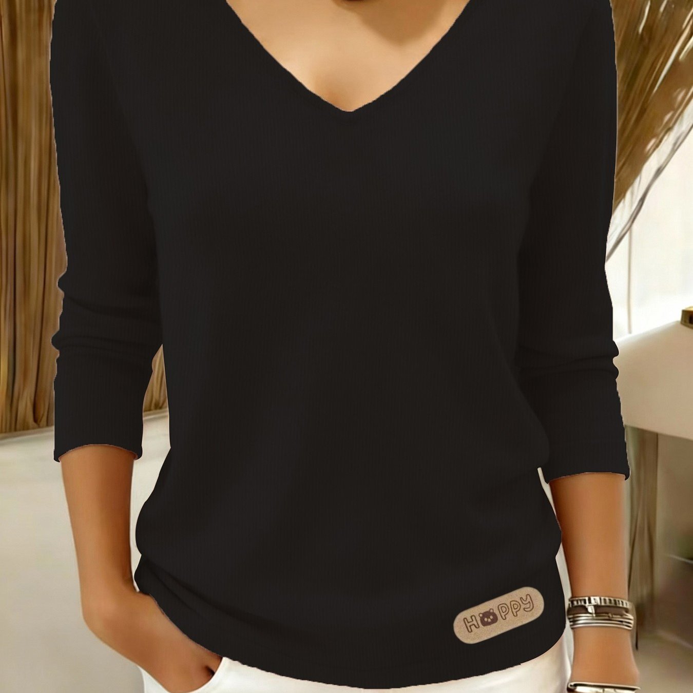 TEMU Pull Décontracté Femme - Pull à Manches Longues et Col en V , Haut Confortable Légèrement Extensible, Design Texturé, Tissu Durable, Tendance,
