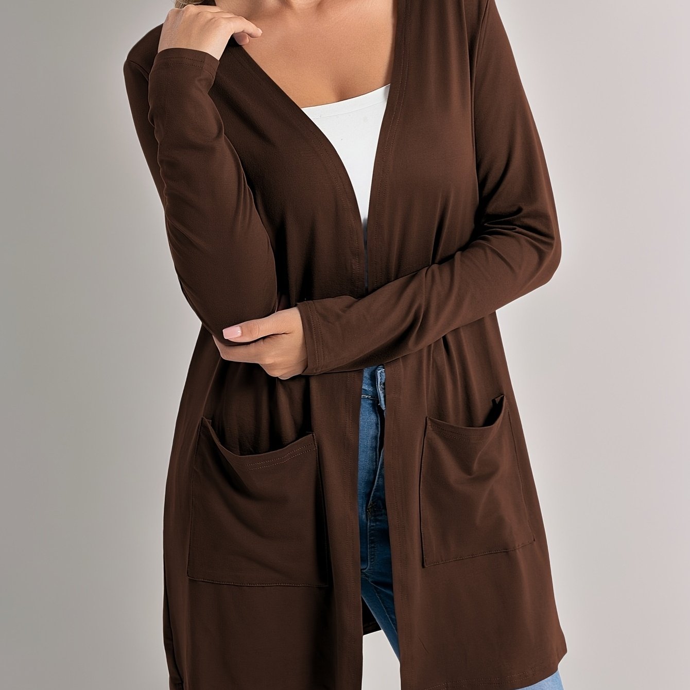 E-shop Damens Elegante Freizeitjacke mit Langen Ärmeln und Offener Kragen - Doppeltasche, Unifarben für Frühling/Herbst Übergangsjacke, Handwaschbare