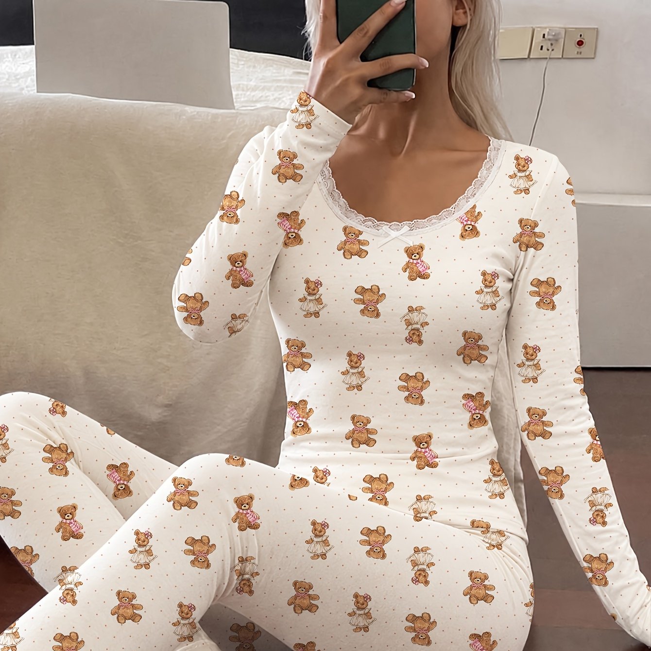 TEMU Completo pigiama da donna /inverno a tema con stampa orso bruno, con maniche lunghe e pantaloni lunghi, tessuto e vestibilit� riposante