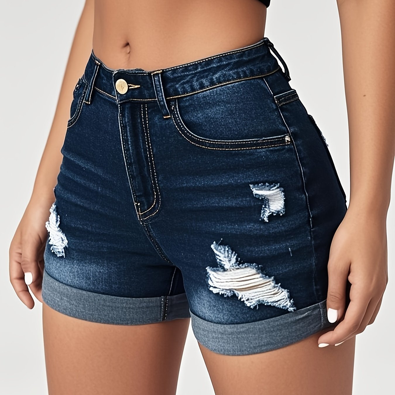 Denim Shorts With Rolled Cuffs And Hem