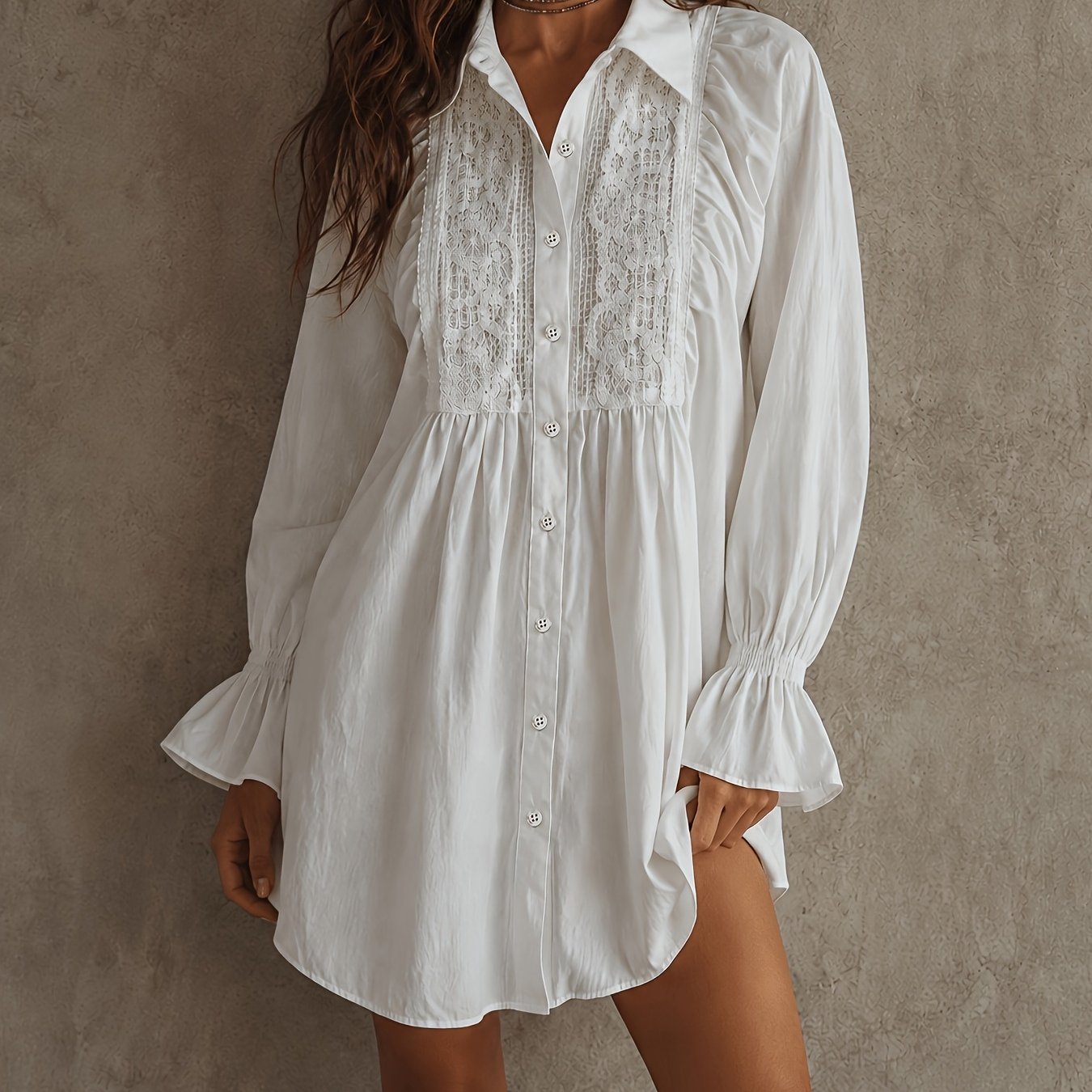 2026 Spring/autumn Front Short Back Long Designer Style Loose Fit Elegant Solid Color Button-up Elastic Cuffs Lace Trim Women's Blouse Zllz