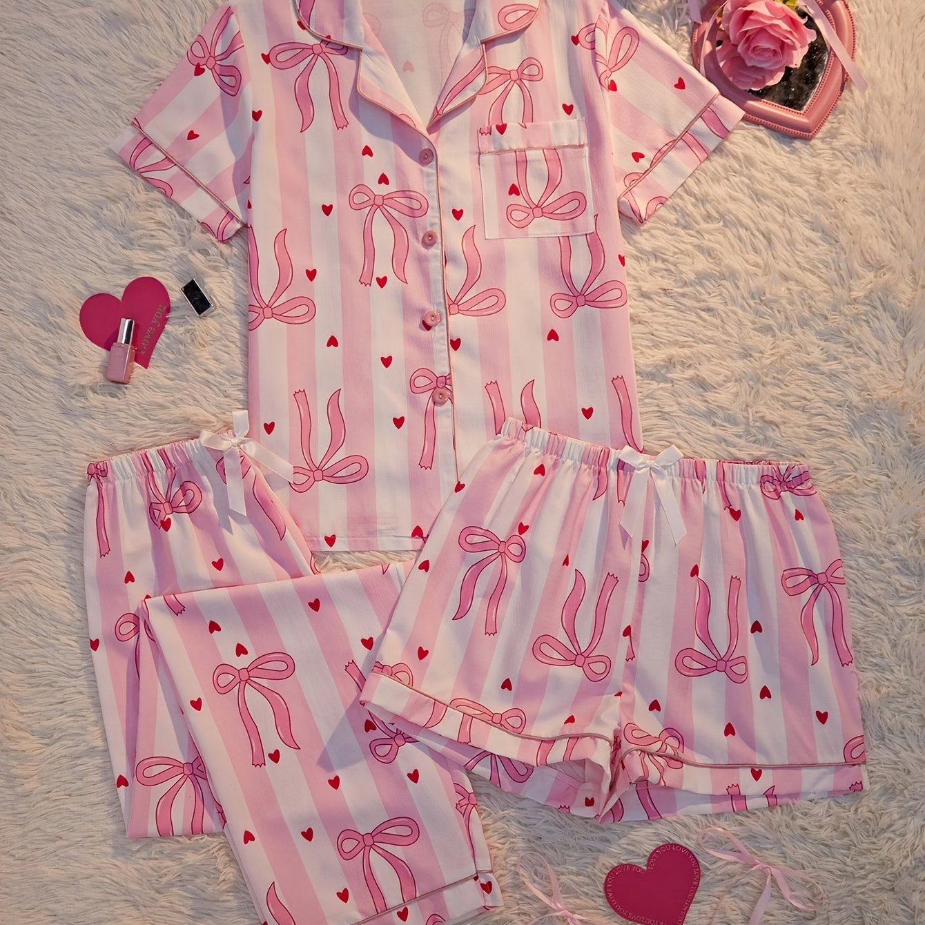 TEMU Women's Pajama Set. Striped, Heart And Bow Print, Lapel Collar With Pocket And Button-front Short Sleeve Design, Bow-decorated Shorts And Pants,