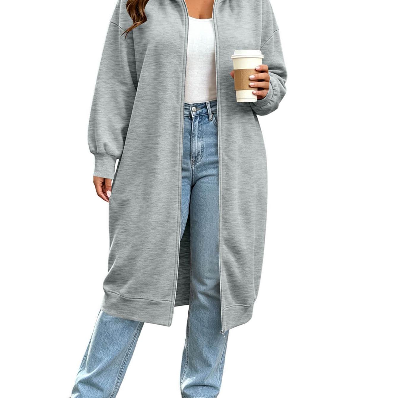 Image of Women's Plus Size Fashion Casual Solid Color Hooded Zip-up Long Coat Jacket Tops
