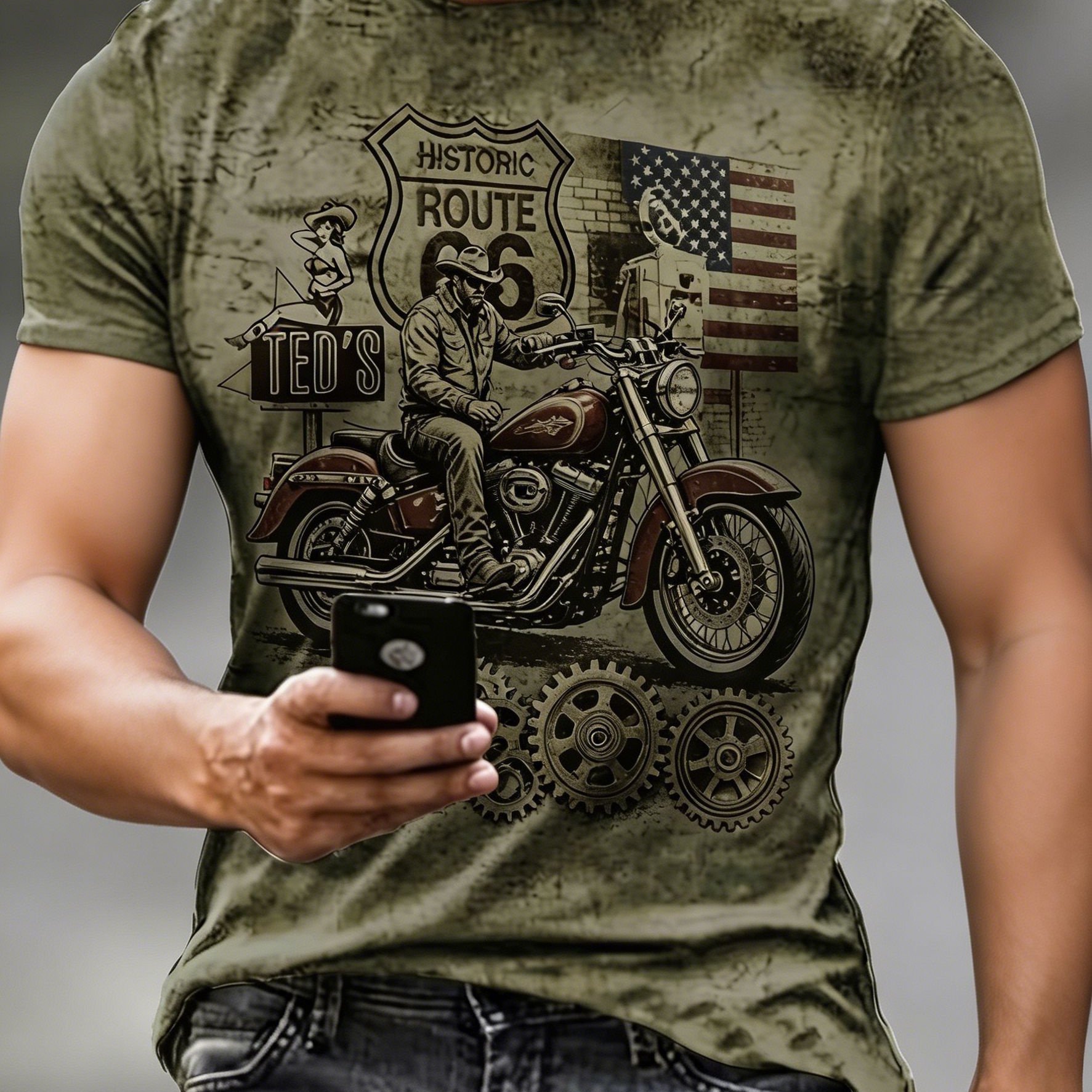 TEMU Men's Motorcycle T-shirt - Full-body Vintage Cowboy & Print, Plus Size Oversized Short Sleeve Crew Neck Casual Summer Top, Retro Design Suitable