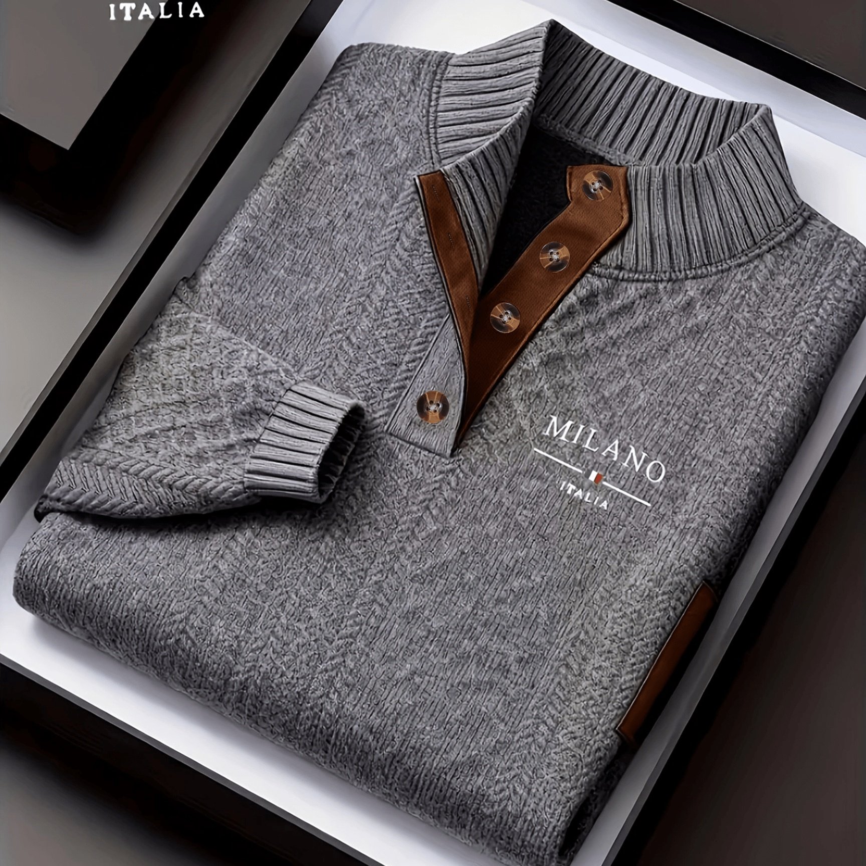 TEMU [ Obm] Men's Autumn Winter Stand Collar Jacquard Knit Sweater , Mature Fashion Small High Neck Pullover Knit Henley Shirt, Premium Texture