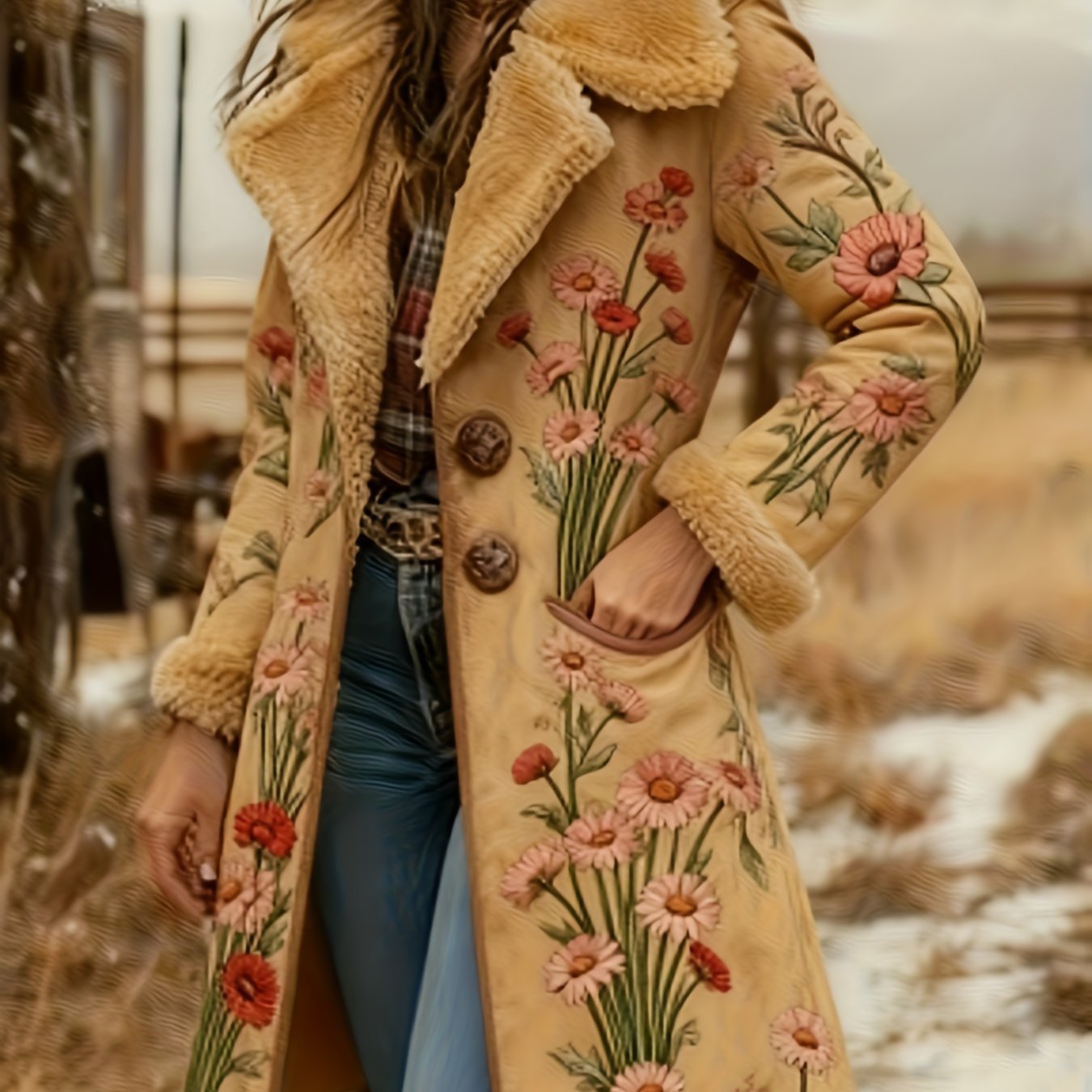 Printed Design Not Textured Ladies' Western Retro Style Autumn And Winter Warm Long-sleeved Retro Printed Jacket Coat - Western Printed Jacket Lapel Coat